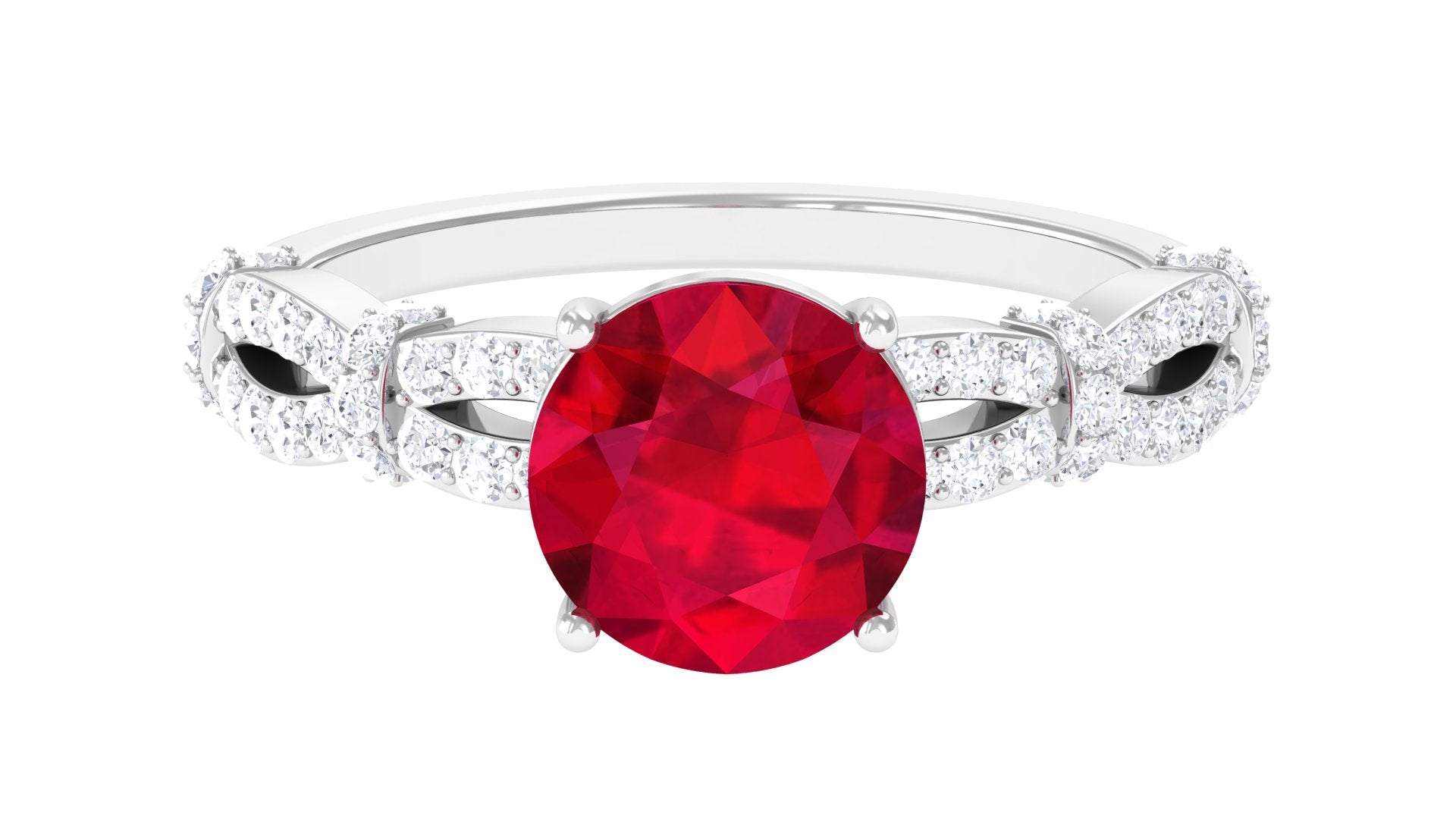 Solitaire Created Ruby and Diamond Crisscross Engagement Ring Lab Created Ruby - ( AAAA ) - Quality - Rosec Jewels