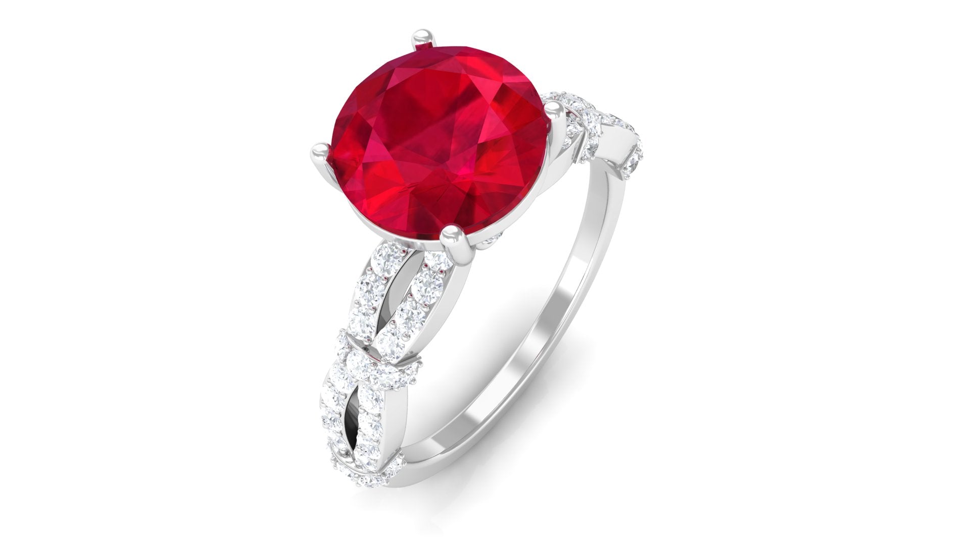 Solitaire Created Ruby and Diamond Crisscross Engagement Ring Lab Created Ruby - ( AAAA ) - Quality - Rosec Jewels