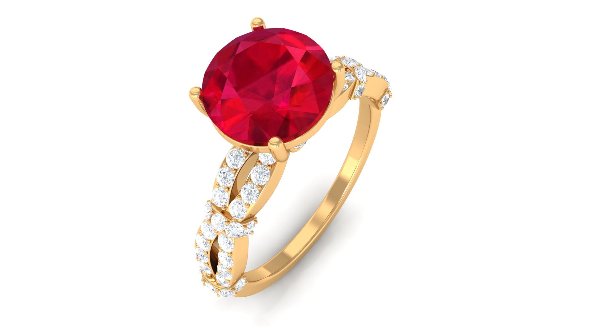 Solitaire Created Ruby and Diamond Crisscross Engagement Ring Lab Created Ruby - ( AAAA ) - Quality - Rosec Jewels