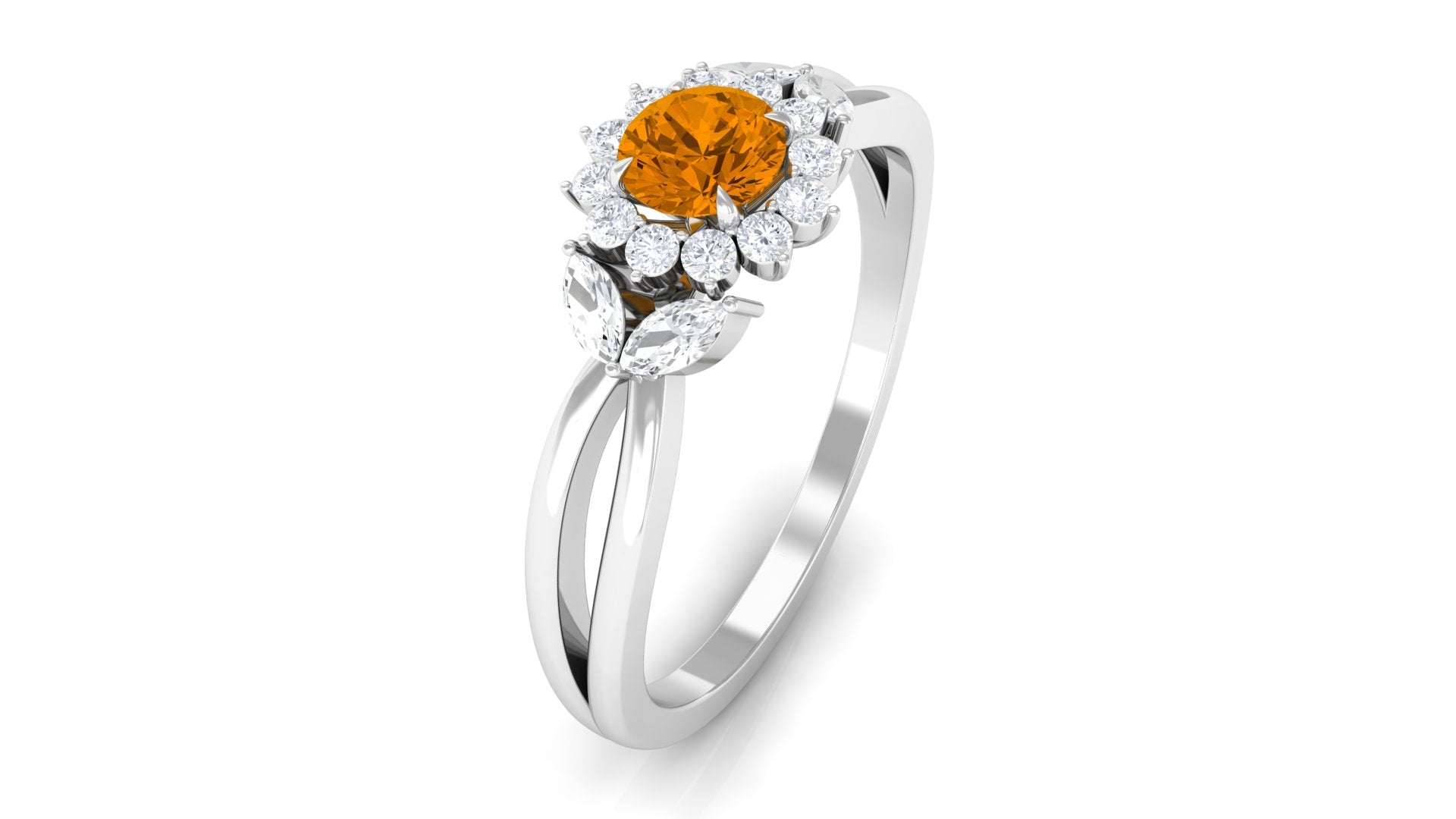 Split Shank Citrine Flower Engagement Ring with Diamond Citrine - ( AAA ) - Quality - Rosec Jewels