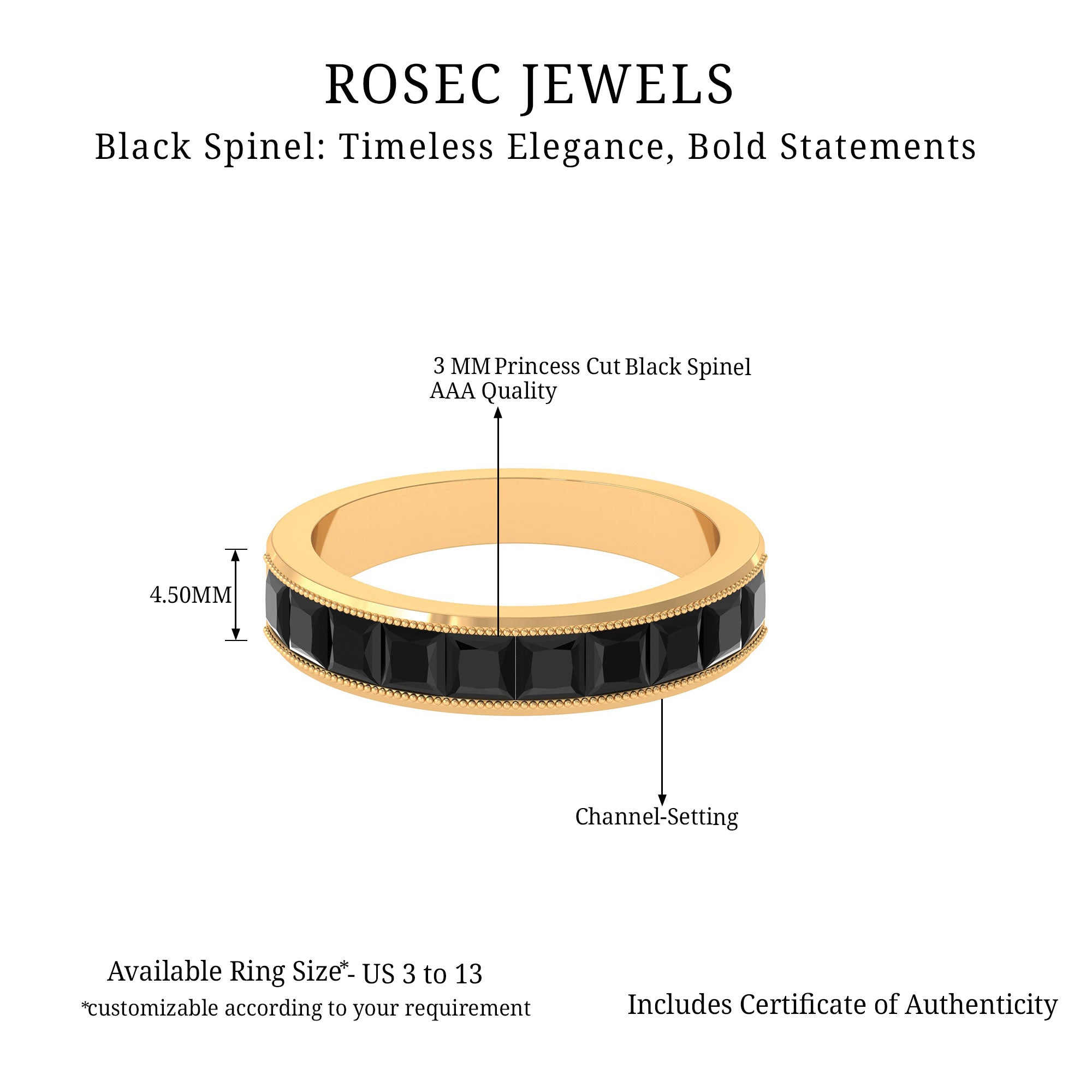 Princess Cut Black Spinel Half Eternity Band Ring with Beaded Detailing Black Spinel - ( AAA ) - Quality - Rosec Jewels