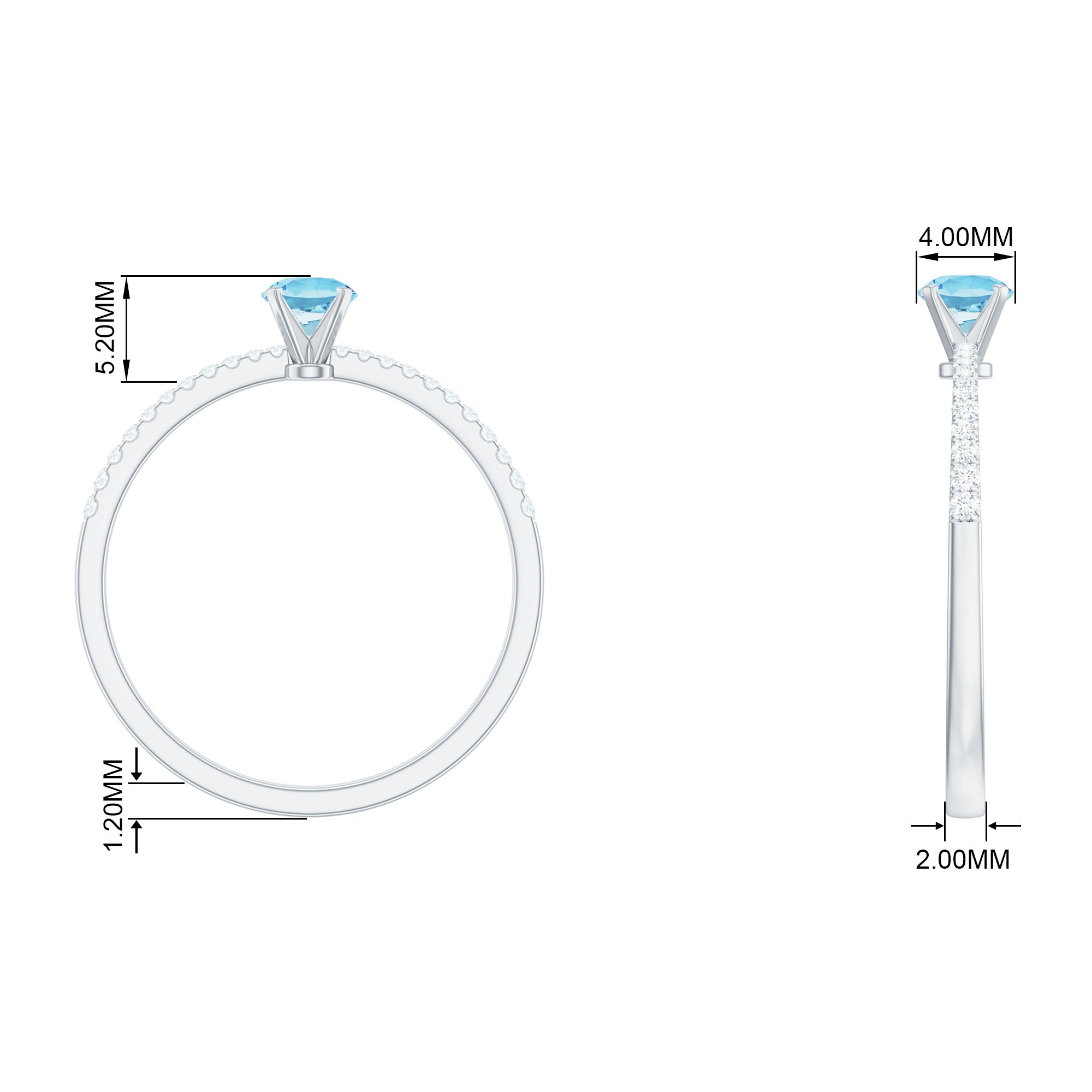 Natural Aquamarine Solitaire Ring with Diamond Side Stones Aquamarine - ( AAA ) - Quality - Rosec Jewels