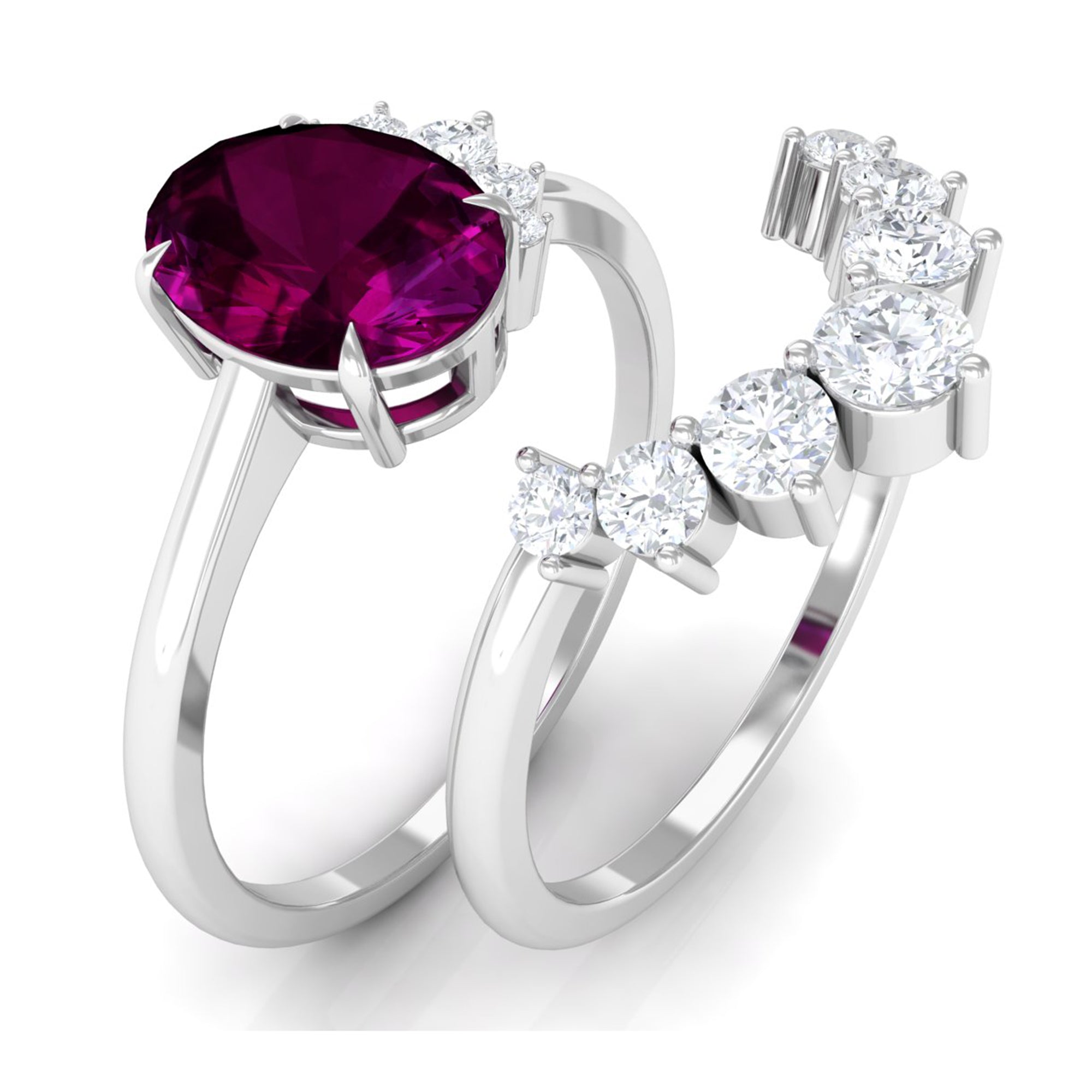 Oval Rhodolite Solitaire Wedding Ring Set with Diamond Rhodolite - ( AAA ) - Quality - Rosec Jewels