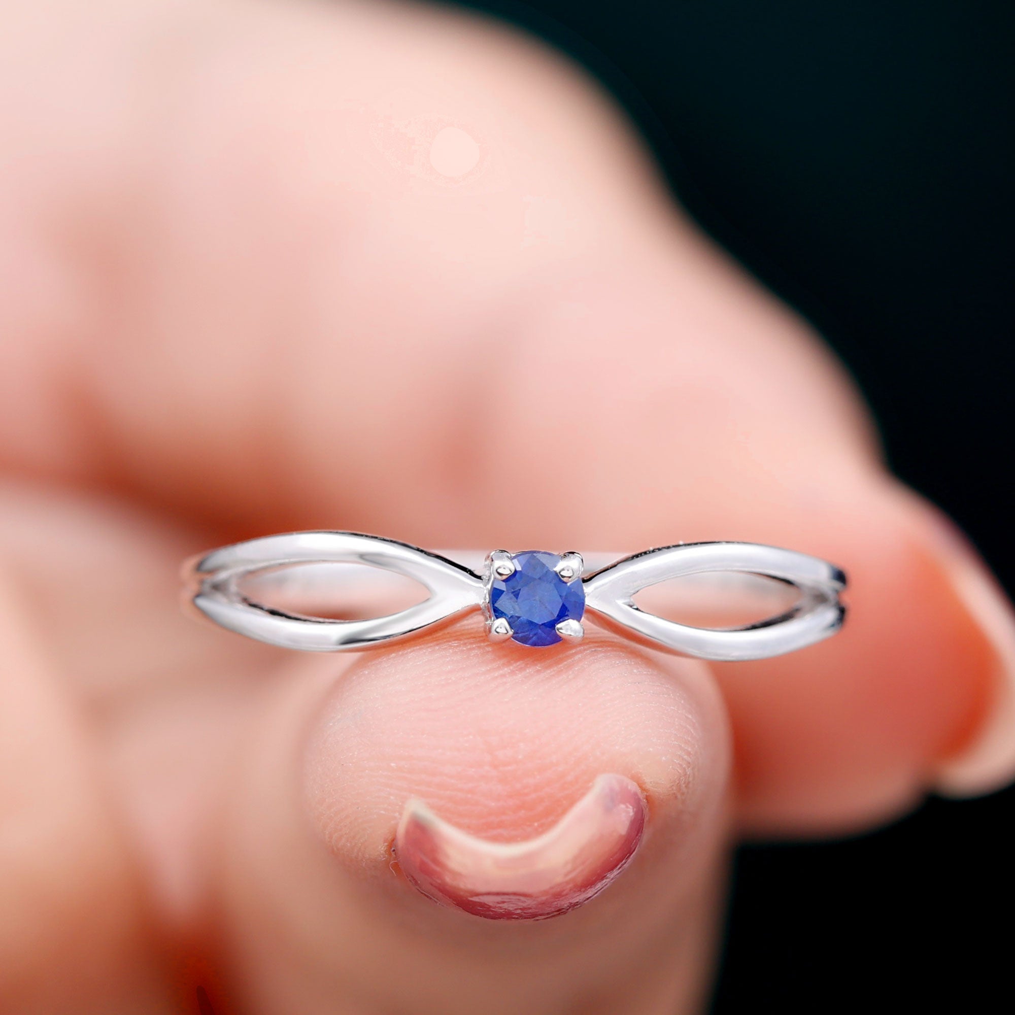 Real Blue Sapphire Minimal Promise Ring with Split Shank Blue Sapphire - ( AAA ) - Quality - Rosec Jewels