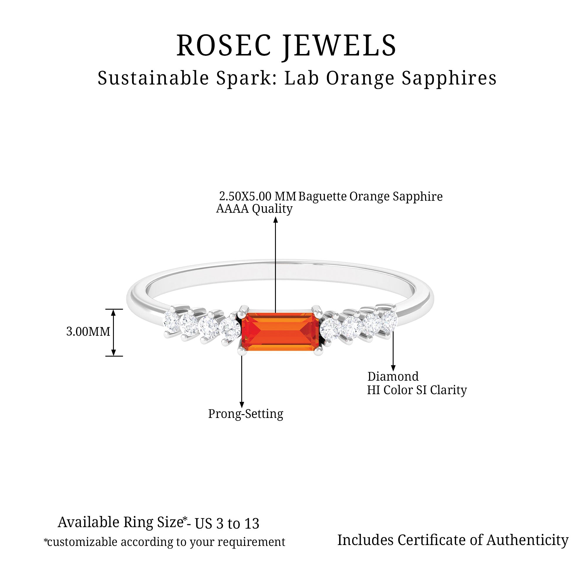 Baguette Cut Lab Grown Orange Sapphire East West Promise Ring with Diamond Lab Created Orange Sapphire - ( AAAA ) - Quality - Rosec Jewels