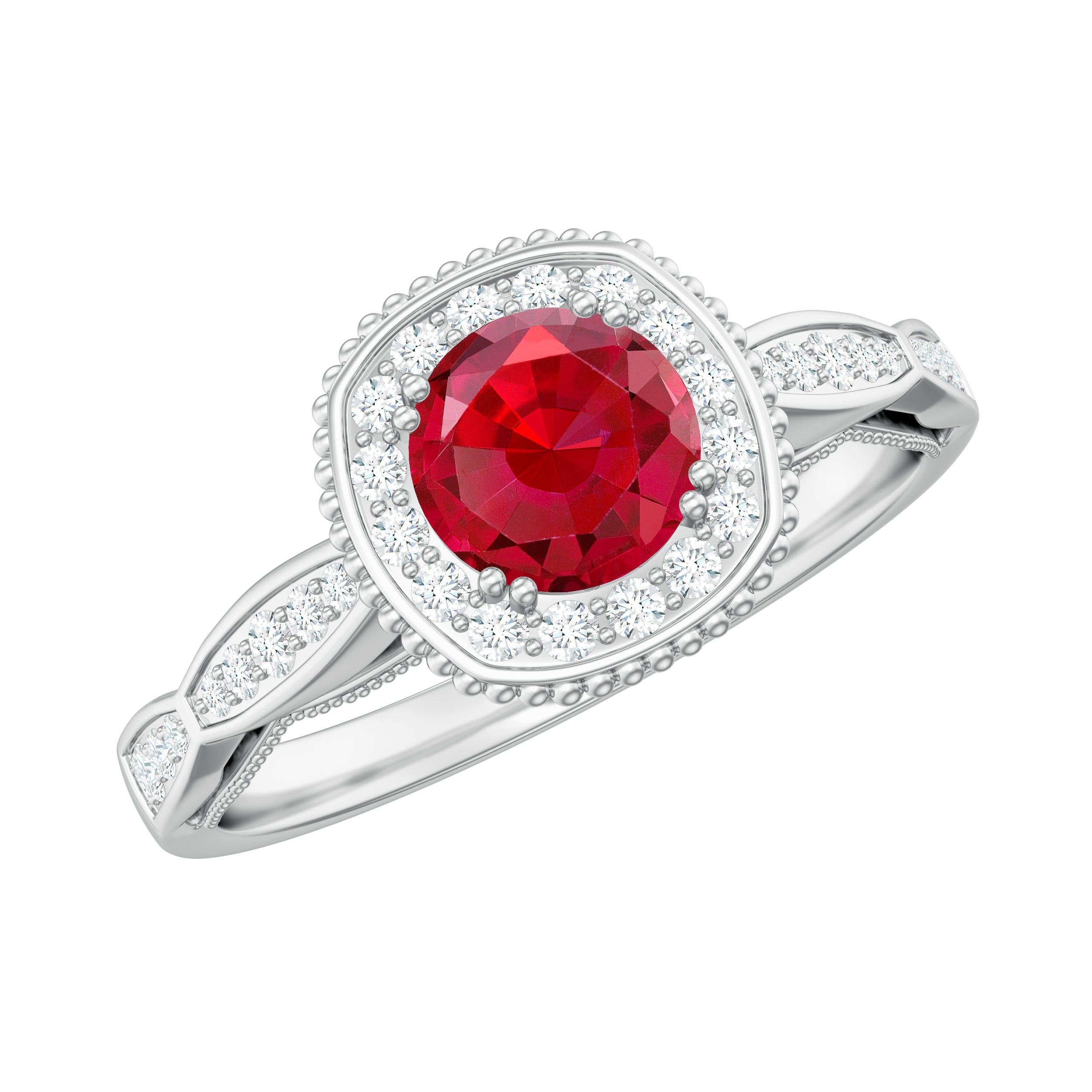 Vintage Inspired Round Created Ruby Engagement Ring with Diamond Halo Lab Created Ruby - ( AAAA ) - Quality - Rosec Jewels