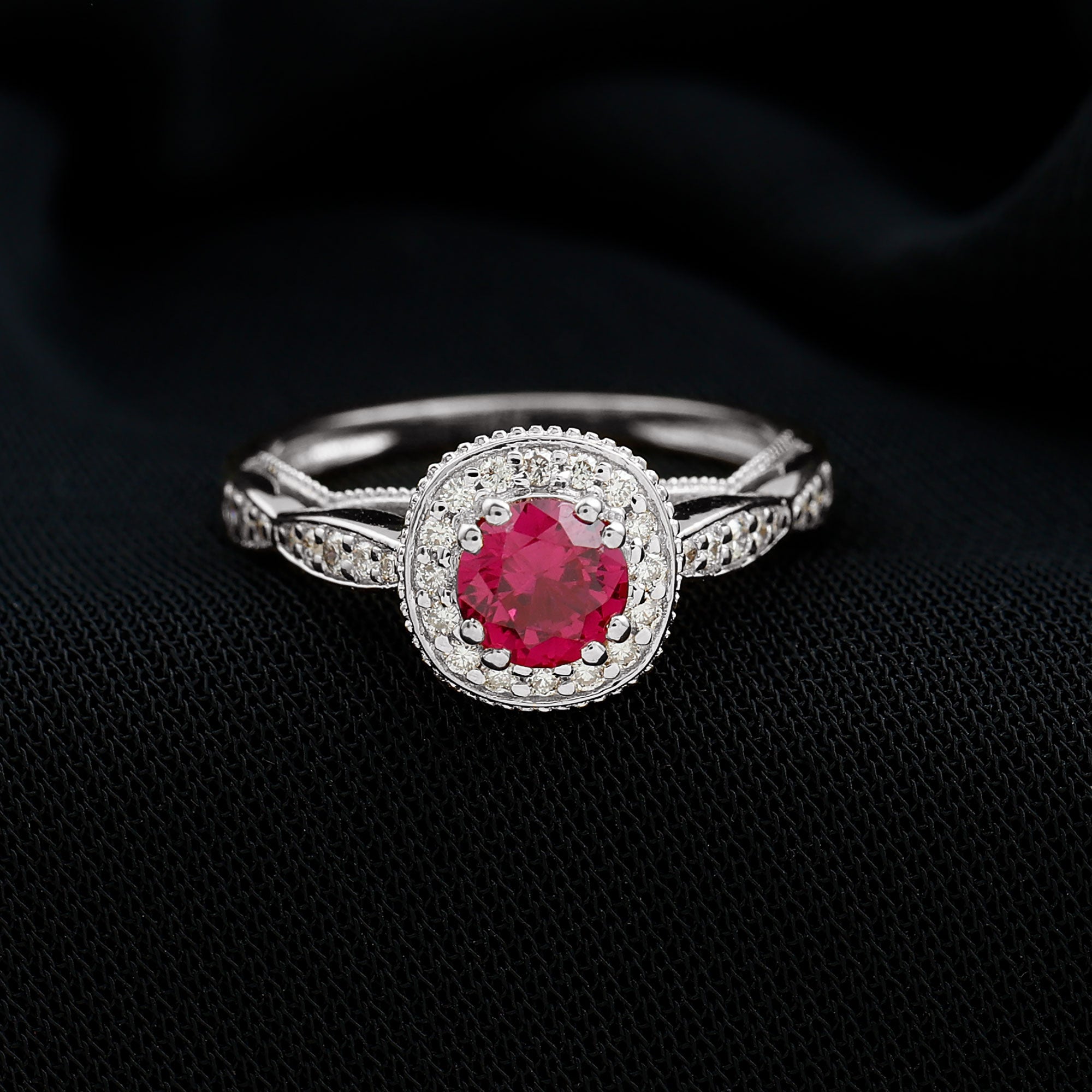 Vintage Inspired Round Created Ruby Engagement Ring with Diamond Halo Lab Created Ruby - ( AAAA ) - Quality - Rosec Jewels