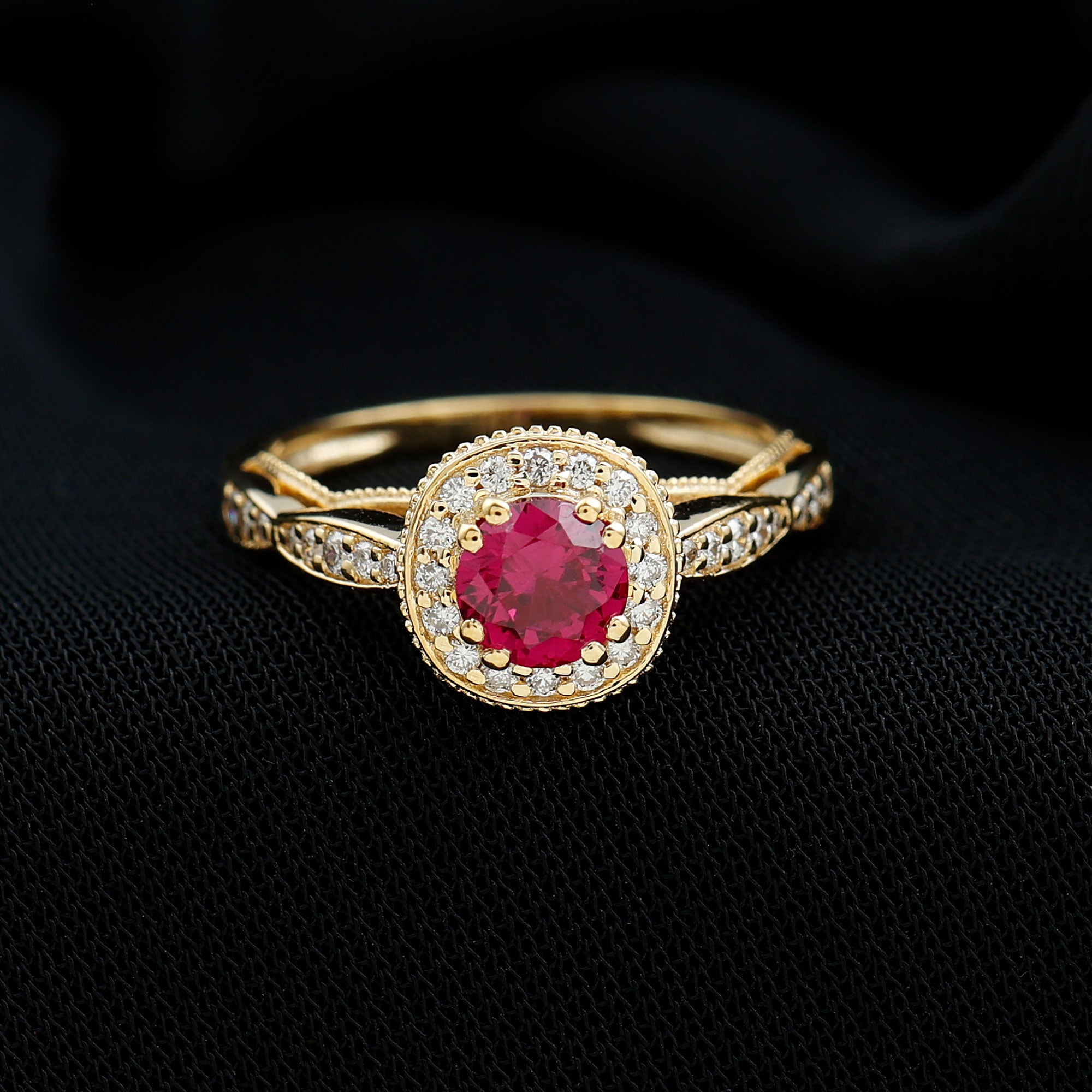 Vintage Inspired Round Created Ruby Engagement Ring with Diamond Halo Lab Created Ruby - ( AAAA ) - Quality - Rosec Jewels