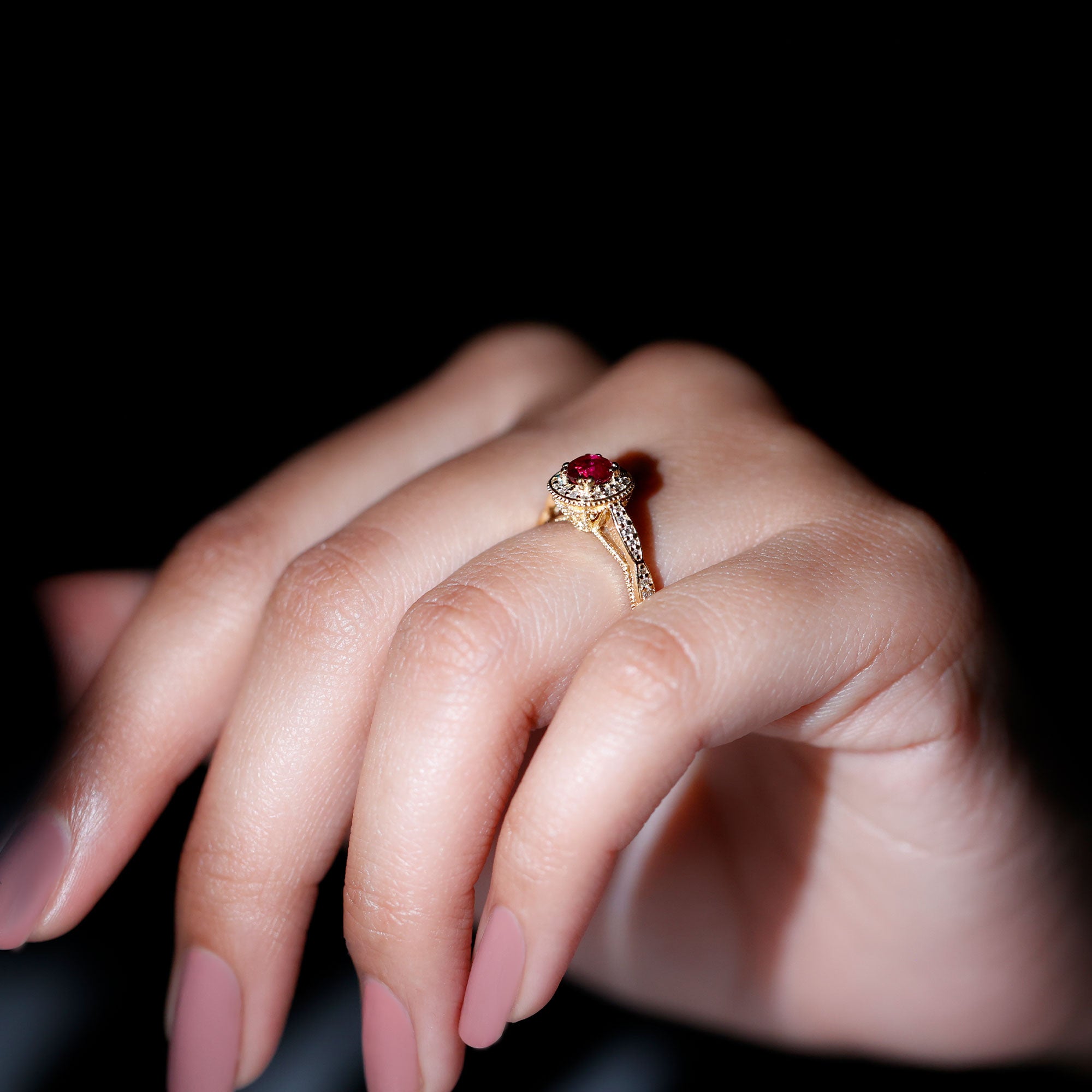 Vintage Inspired Round Created Ruby Engagement Ring with Diamond Halo Lab Created Ruby - ( AAAA ) - Quality - Rosec Jewels