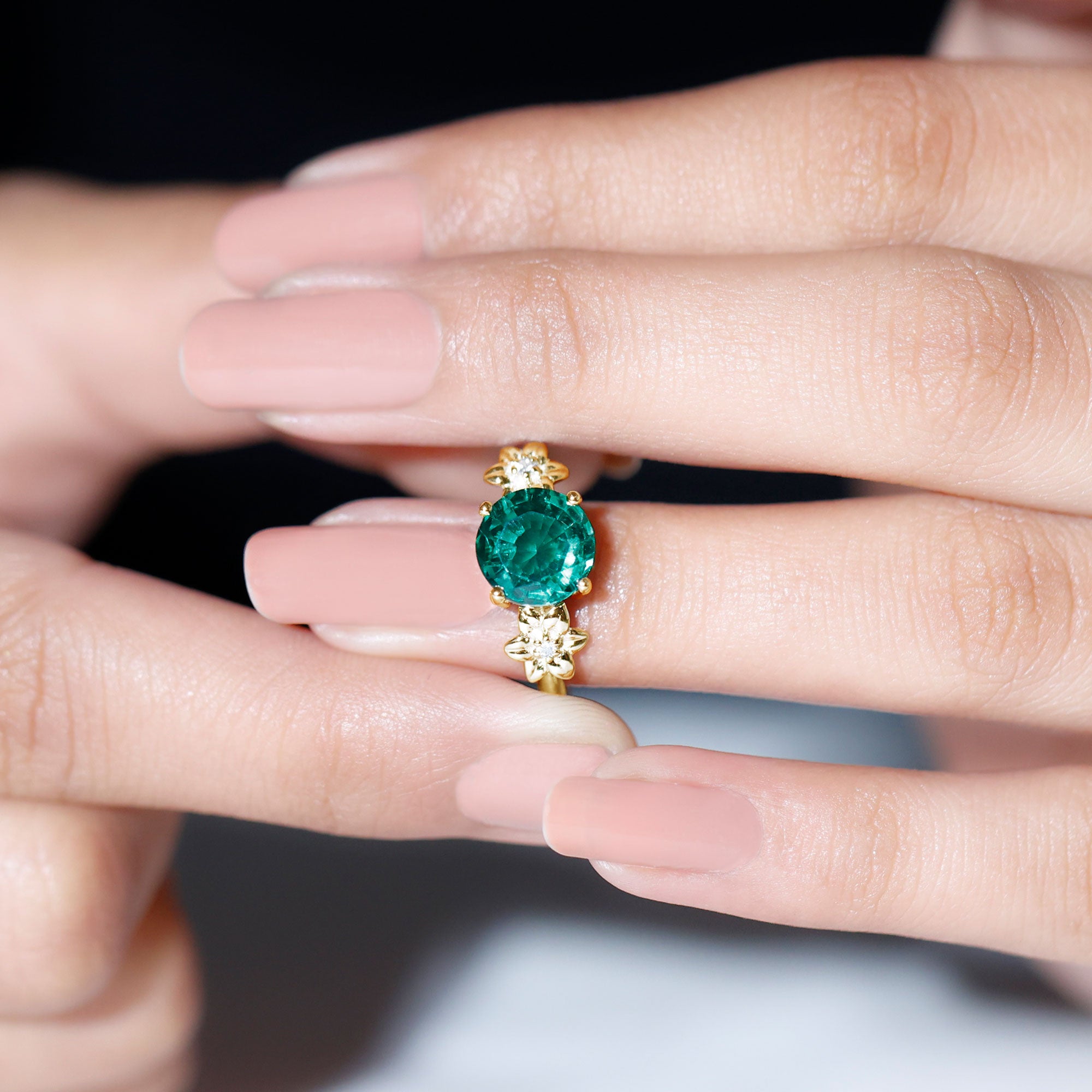 Created Emerald Solitaire Flower Engagement Ring with Diamond Lab Created Emerald - ( AAAA ) - Quality - Rosec Jewels