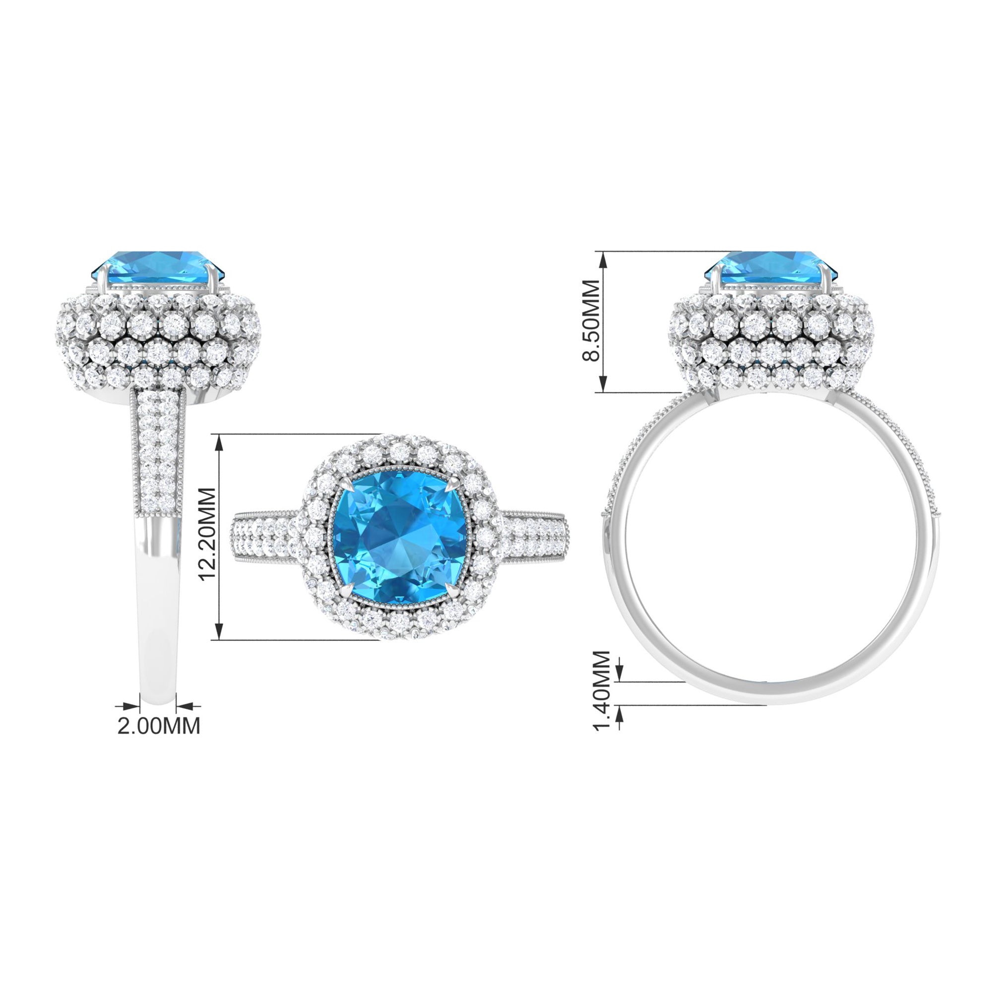 Cushion Cut Swiss Blue Topaz Statement Engagement Ring with Moissanite Swiss Blue Topaz - ( AAA ) - Quality - Rosec Jewels