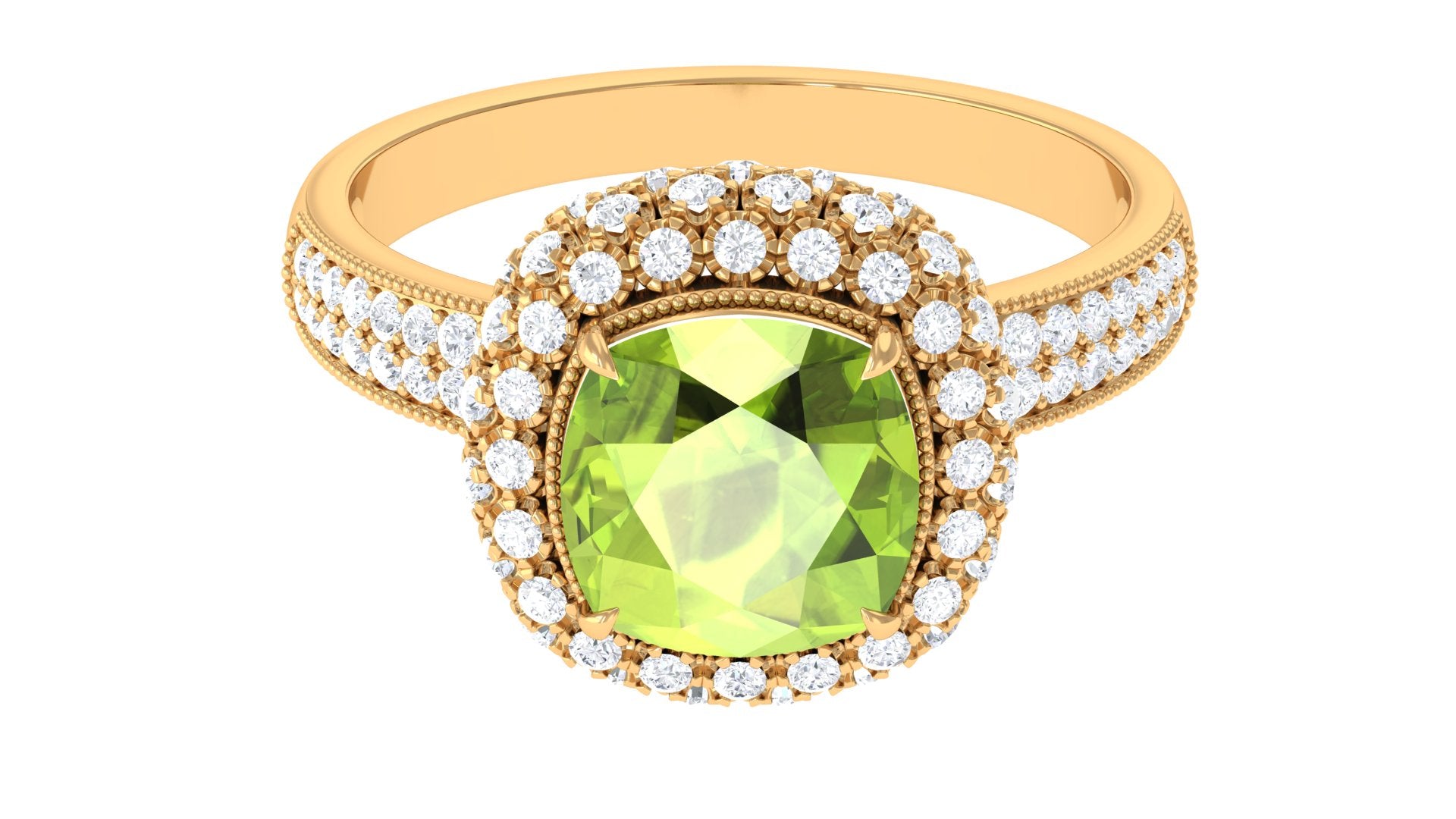 Cushion Cut Peridot Statement Engagement Ring with Moissanite Peridot - ( AAA ) - Quality - Rosec Jewels