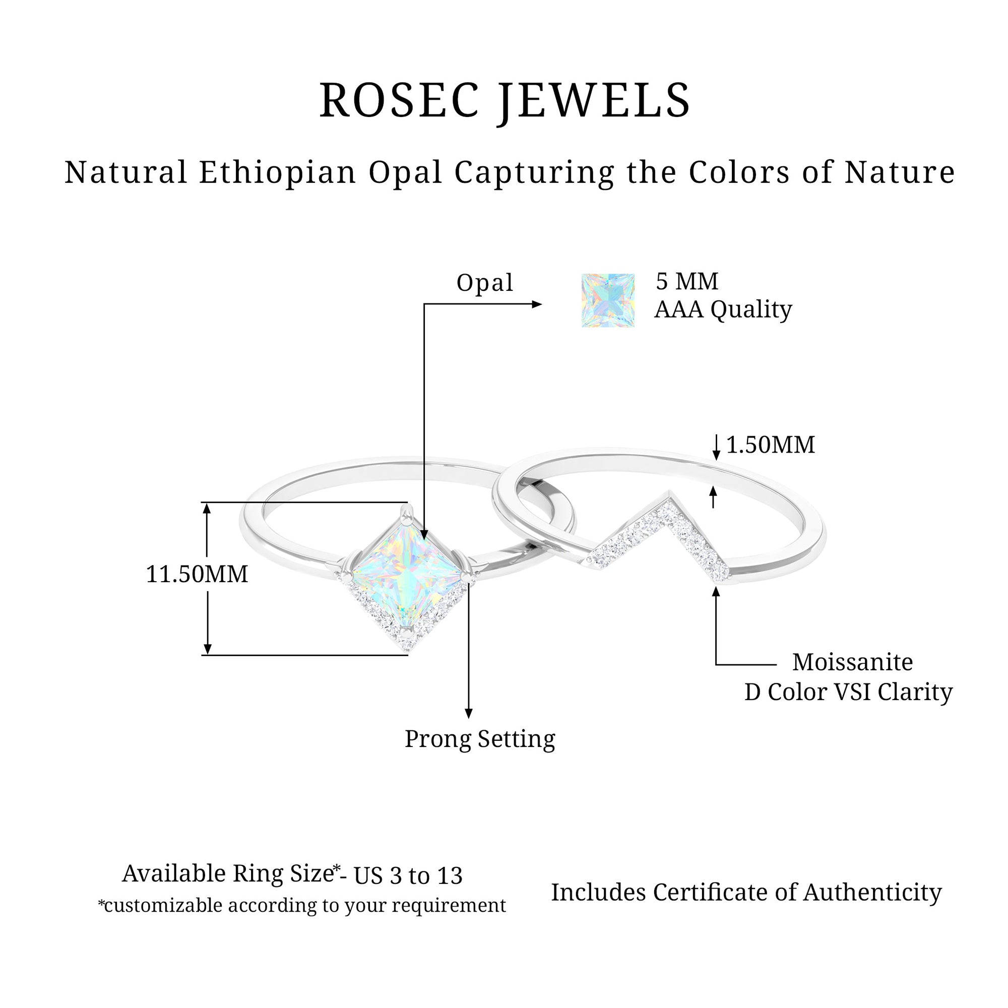 1 CT Minimal Princess Cut Ethiopian Opal and Moissanite Engagement Enhancer Ring Set Ethiopian Opal - ( AAA ) - Quality - Rosec Jewels