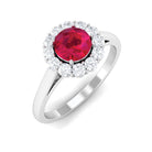 Round Ruby and Diamond Halo Engagement Ring Ruby - ( AAA ) - Quality - Rosec Jewels