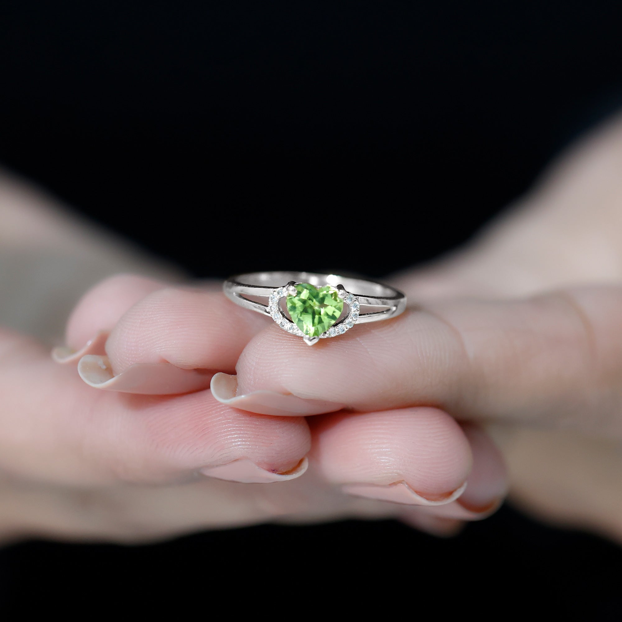 Real Peridot Heart Promise Ring with Diamond Peridot - ( AAA ) - Quality - Rosec Jewels