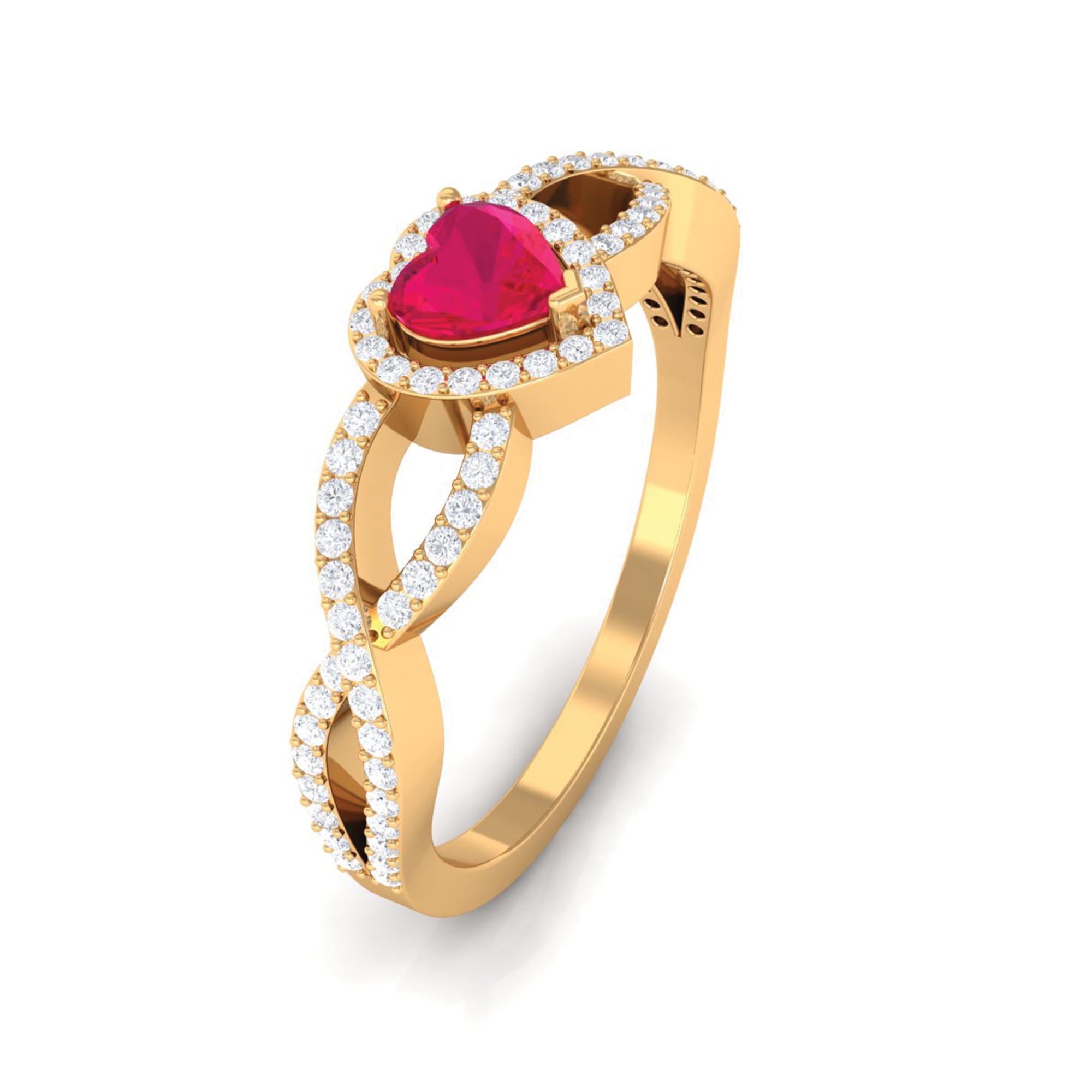 Genuine Ruby Heart Crisscross Engagement Ring with Diamond Ruby - ( AAA ) - Quality - Rosec Jewels