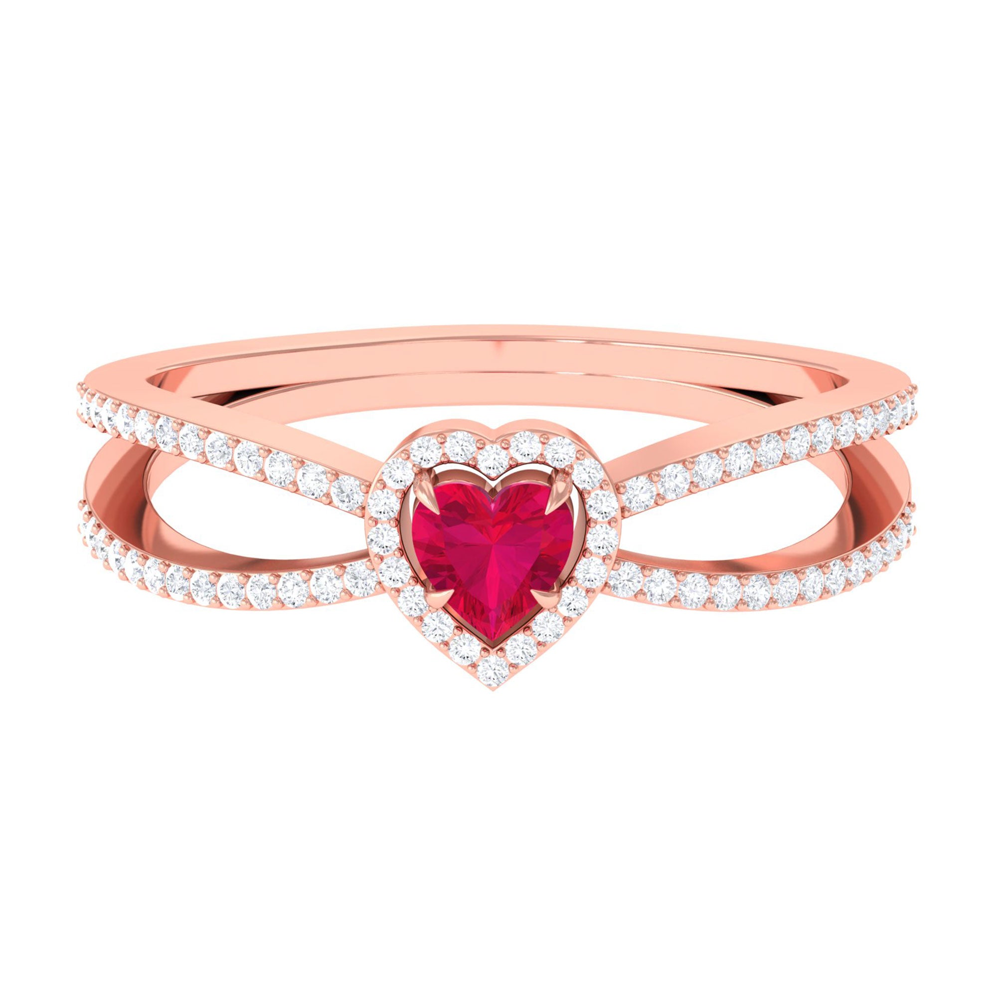 Heart Ruby Split Shank Engagement Ring with Diamond Accent Ruby - ( AAA ) - Quality - Rosec Jewels