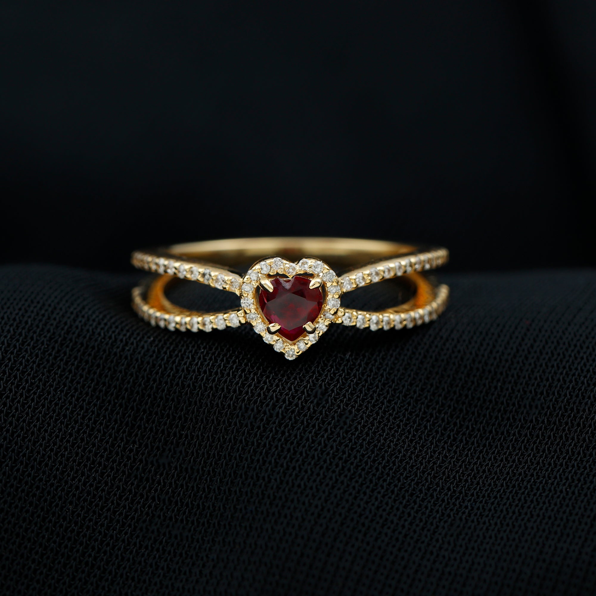 Heart Ruby Split Shank Engagement Ring with Diamond Accent Ruby - ( AAA ) - Quality - Rosec Jewels