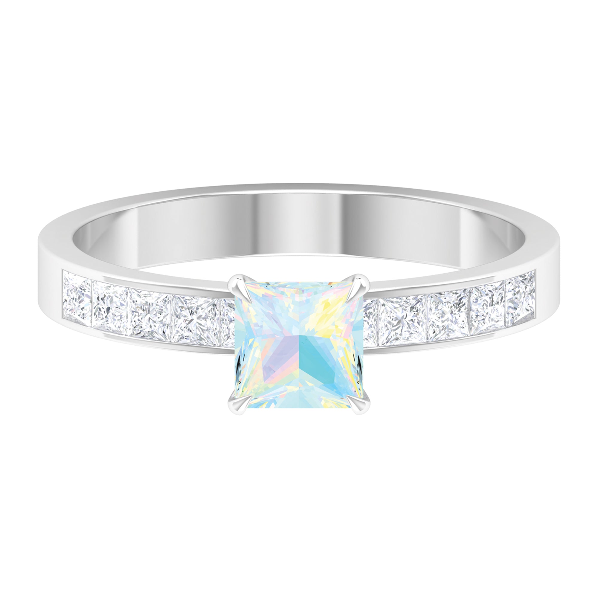 Princess Cut Ethiopian Opal Solitaire Ring with Diamond Side Stones Ethiopian Opal - ( AAA ) - Quality - Rosec Jewels