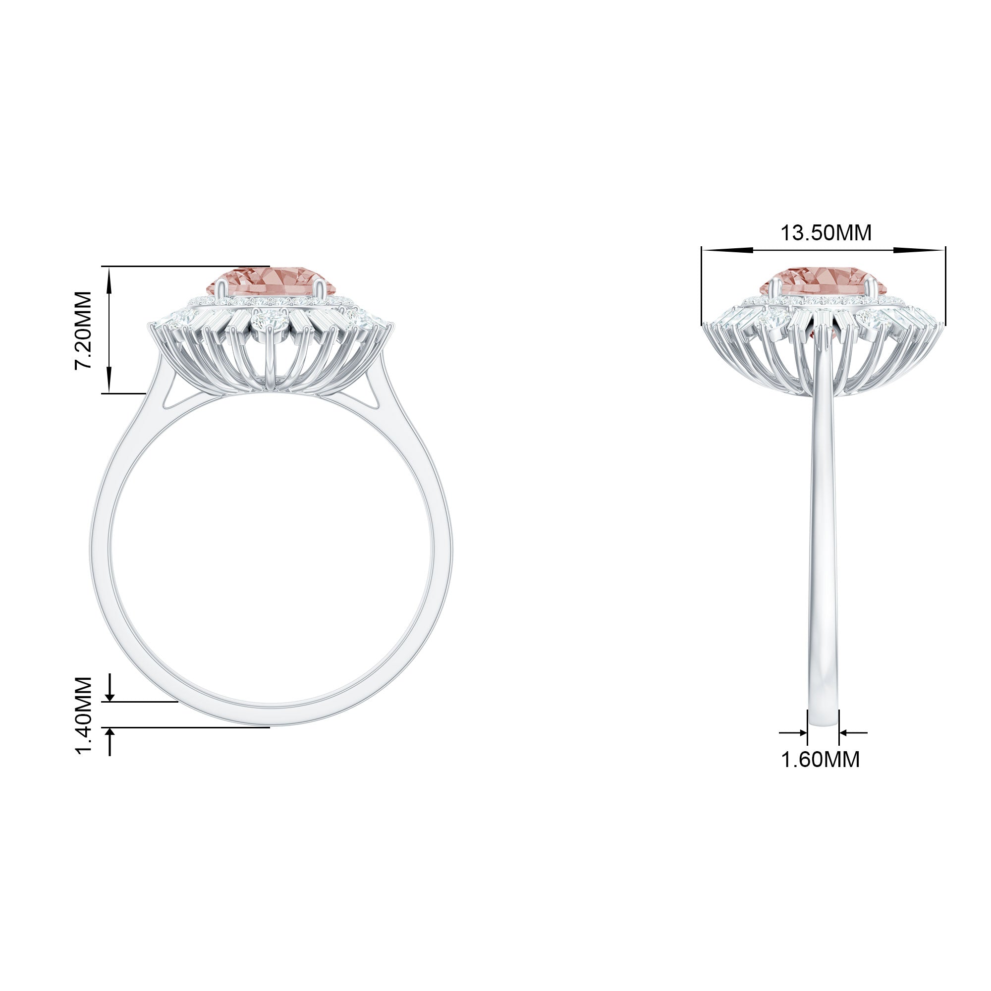 Round Morganite Cocktail Ring with Moissanite Double Halo Morganite - ( AAA ) - Quality - Rosec Jewels