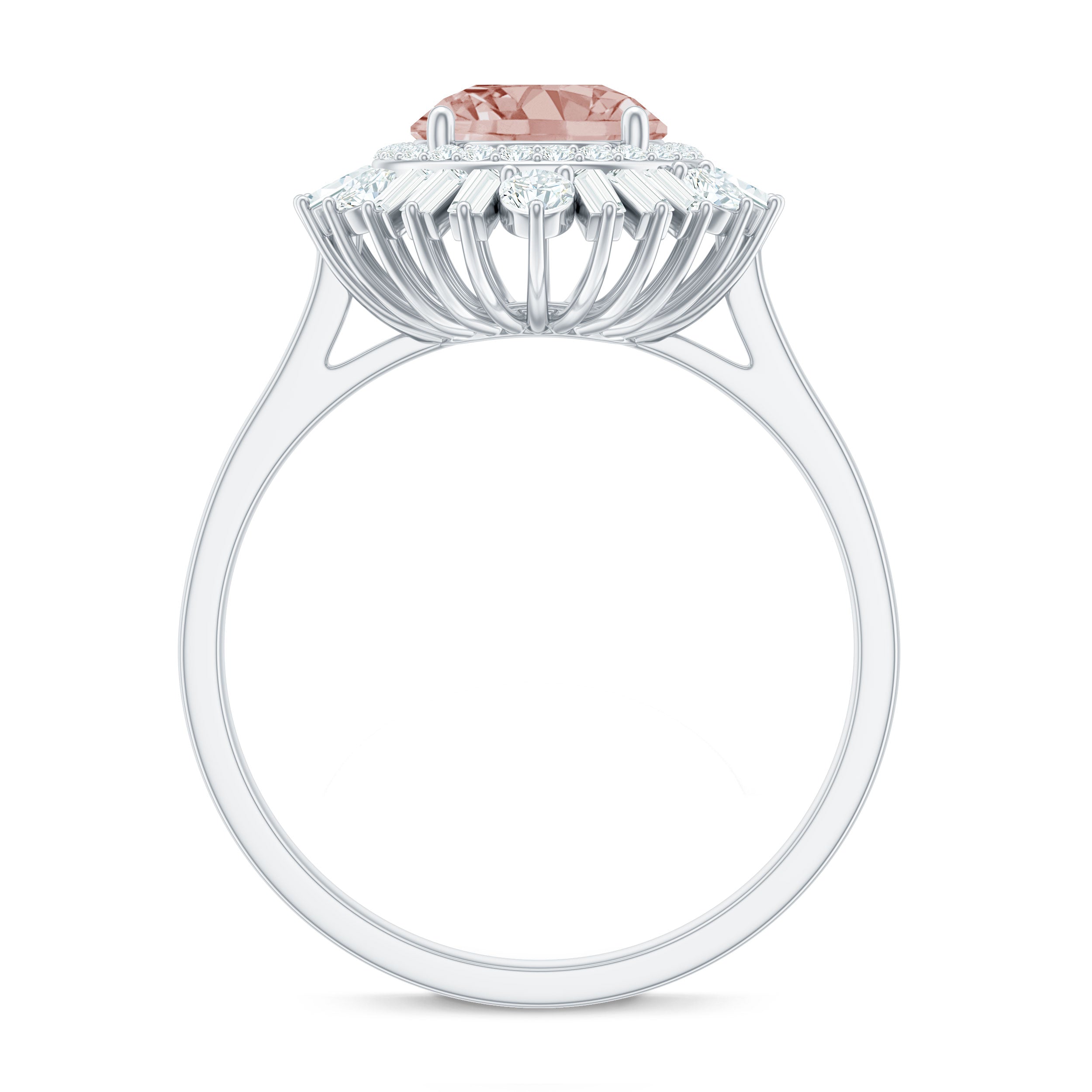 Round Morganite Cocktail Ring with Moissanite Double Halo Morganite - ( AAA ) - Quality - Rosec Jewels