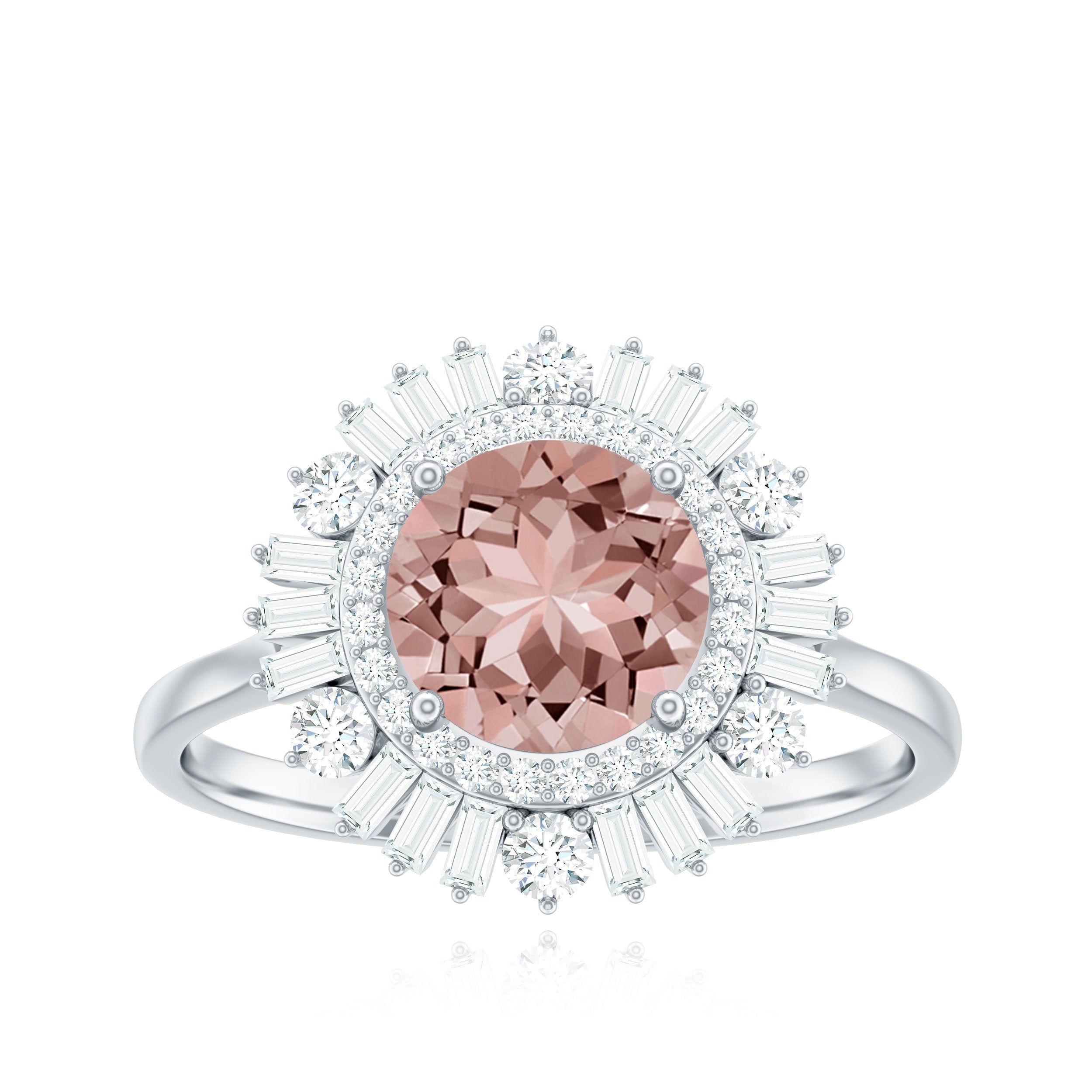 Round Morganite Cocktail Ring with Moissanite Double Halo Morganite - ( AAA ) - Quality - Rosec Jewels