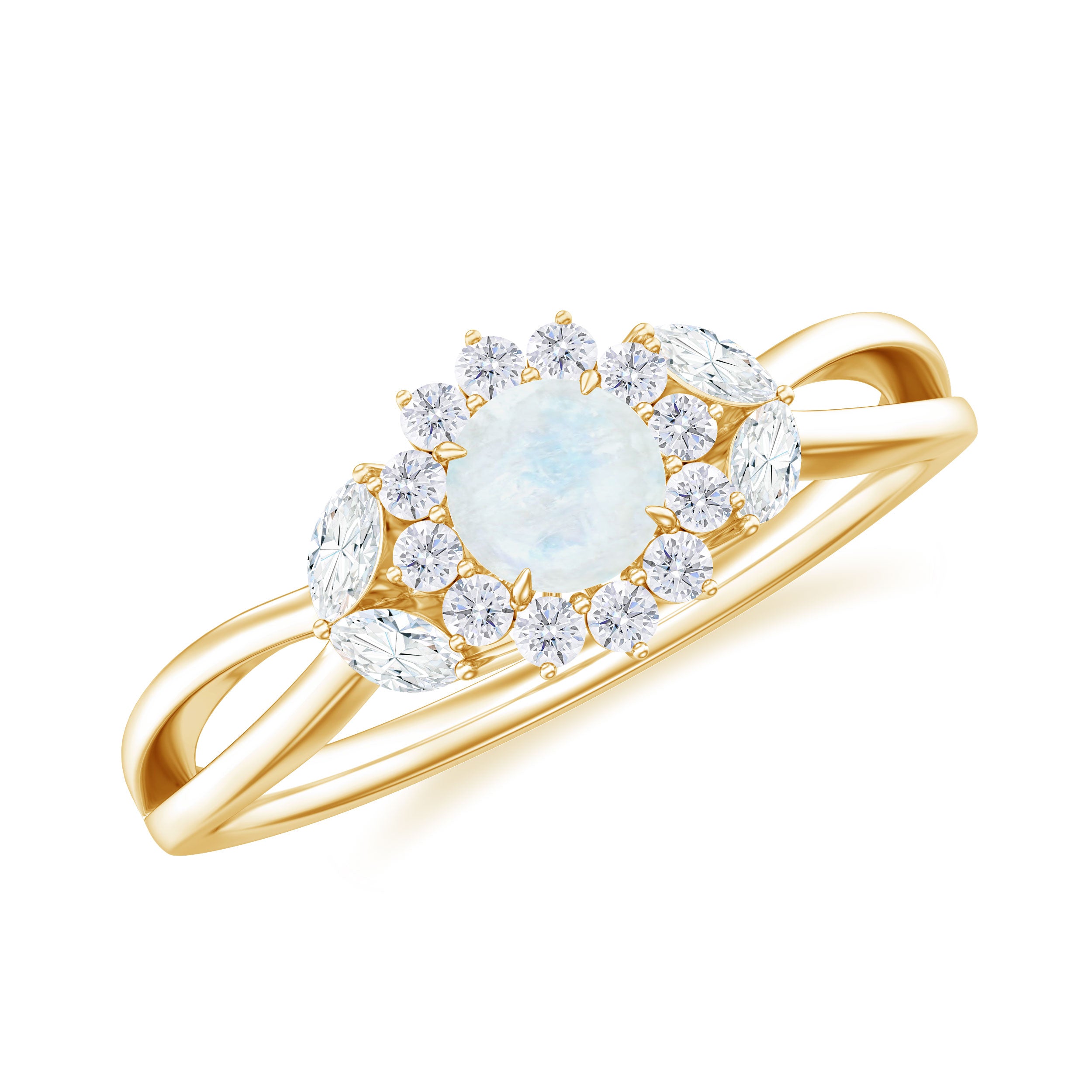 Moonstone and Diamond Flower Engagement Ring with Split Shank Moonstone - ( AAA ) - Quality - Rosec Jewels