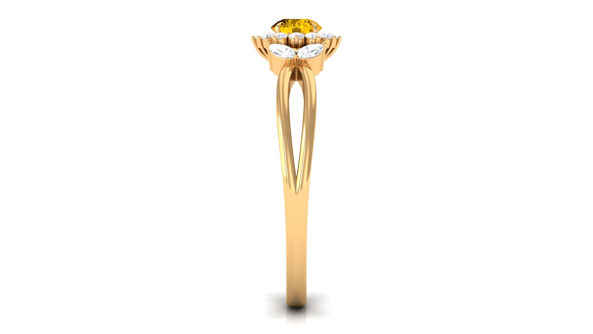 Split Shank Yellow Sapphire Flower Engagement Ring with Diamond Yellow Sapphire - ( AAA ) - Quality - Rosec Jewels