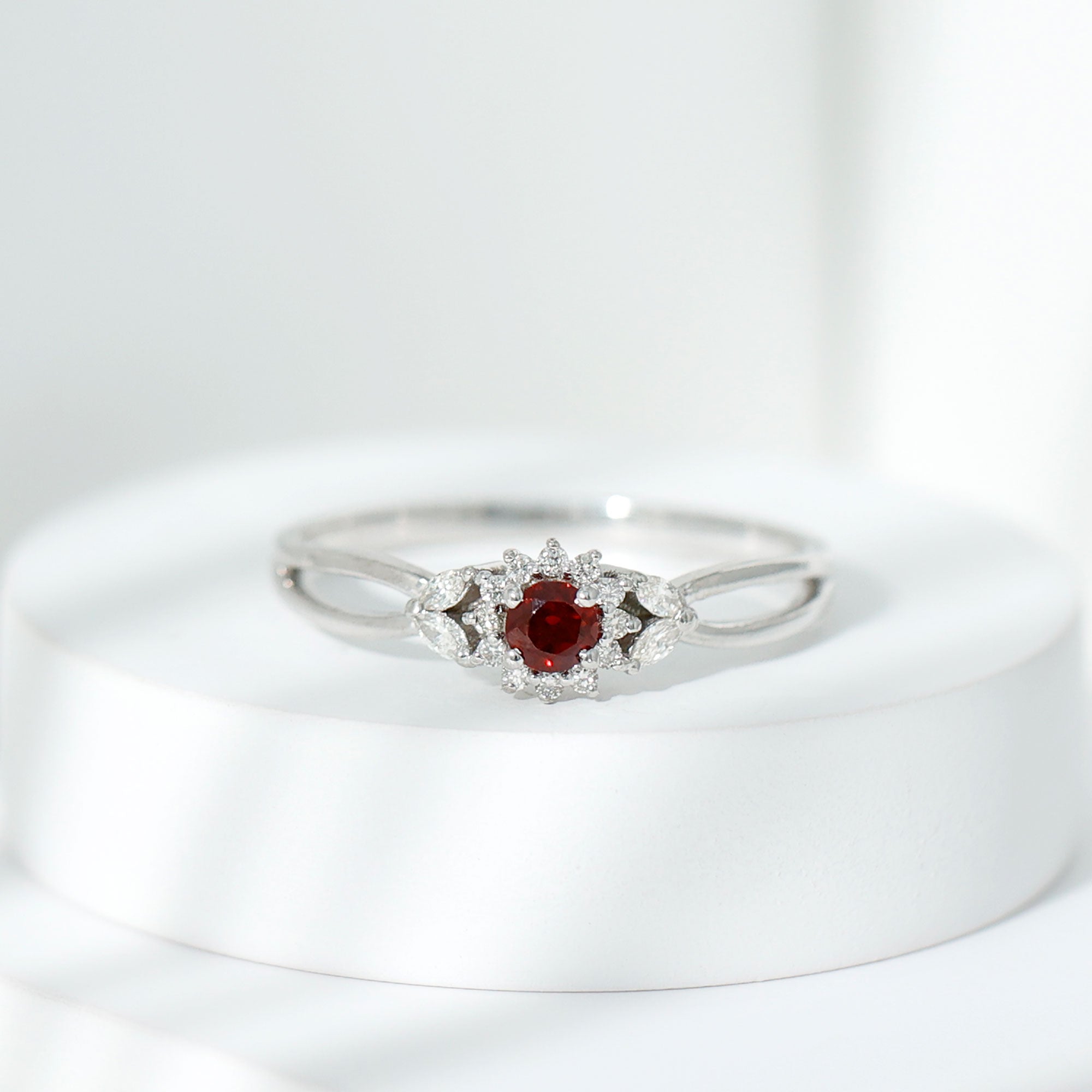 Split Shank Garnet Flower Engagement Ring with Diamond Garnet - ( AAA ) - Quality - Rosec Jewels