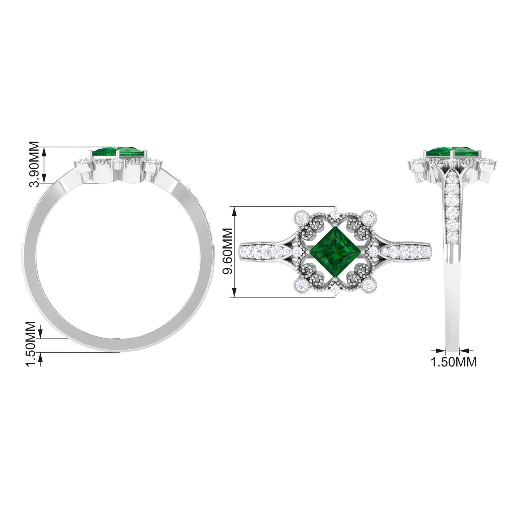 Antique Style Emerald and Diamond Engagement Ring with Beaded Detailing Emerald - ( AAA ) - Quality - Rosec Jewels