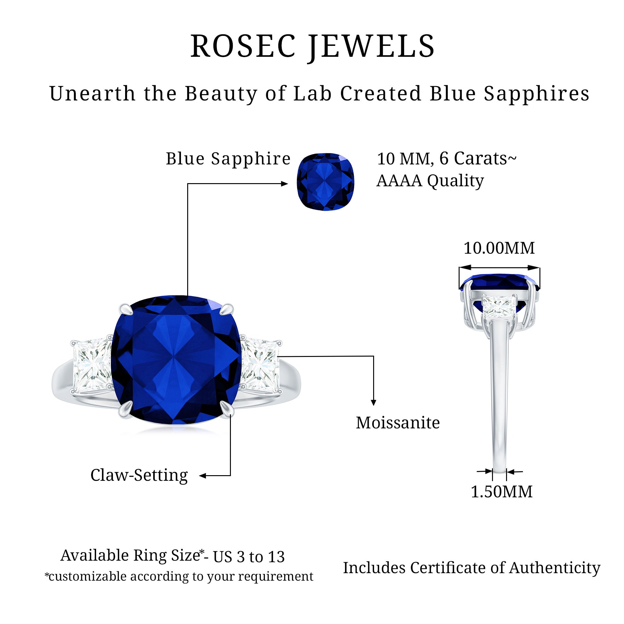 Cushion Cut Created Blue Sapphire Solitaire Silver Ring Lab Created Blue Sapphire - ( AAAA ) - Quality 92.5 Sterling Silver - Rosec Jewels