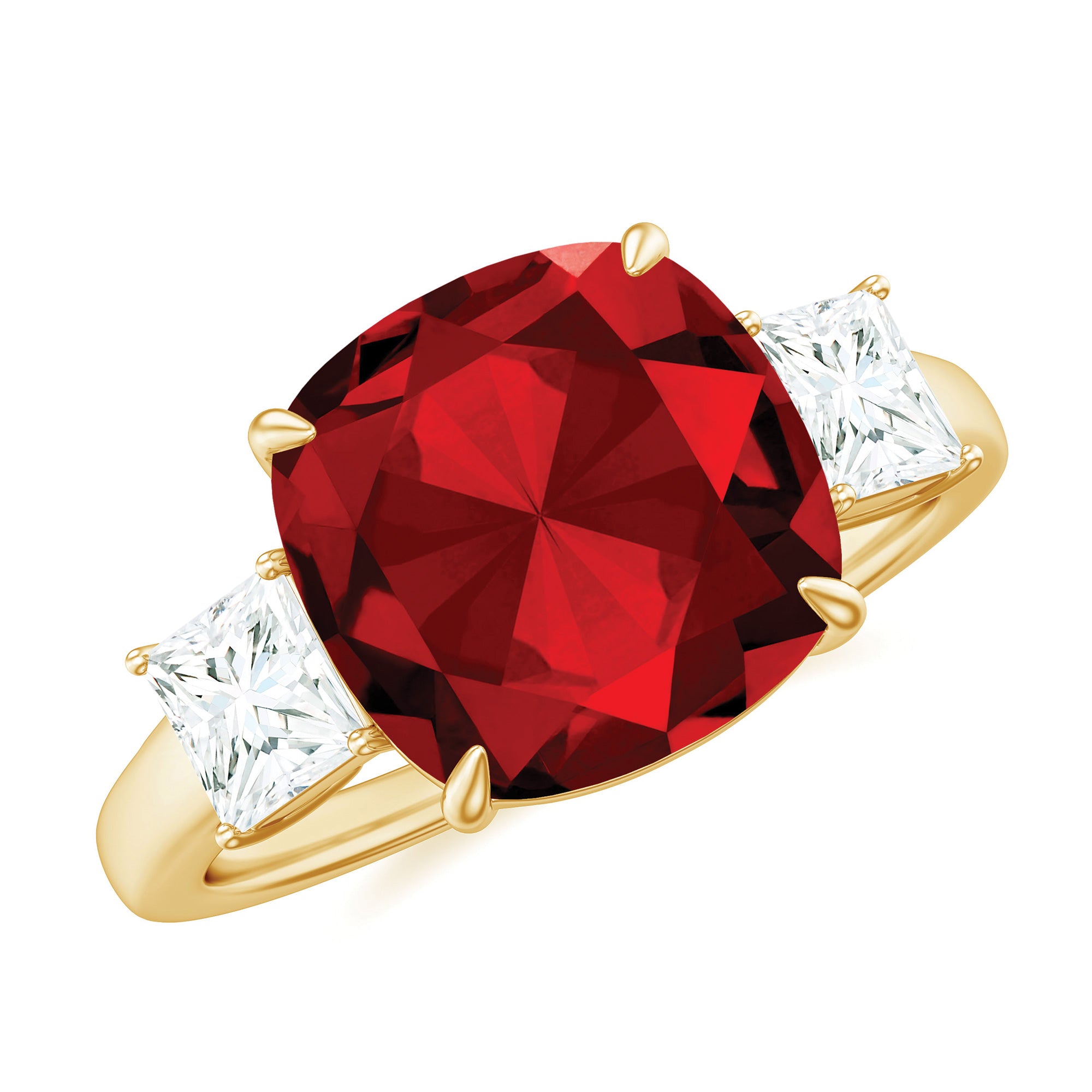 Cushion Created Ruby Solitaire Engagement Ring with Princess Cut Moissanite Lab Created Ruby - ( AAAA ) - Quality - Rosec Jewels