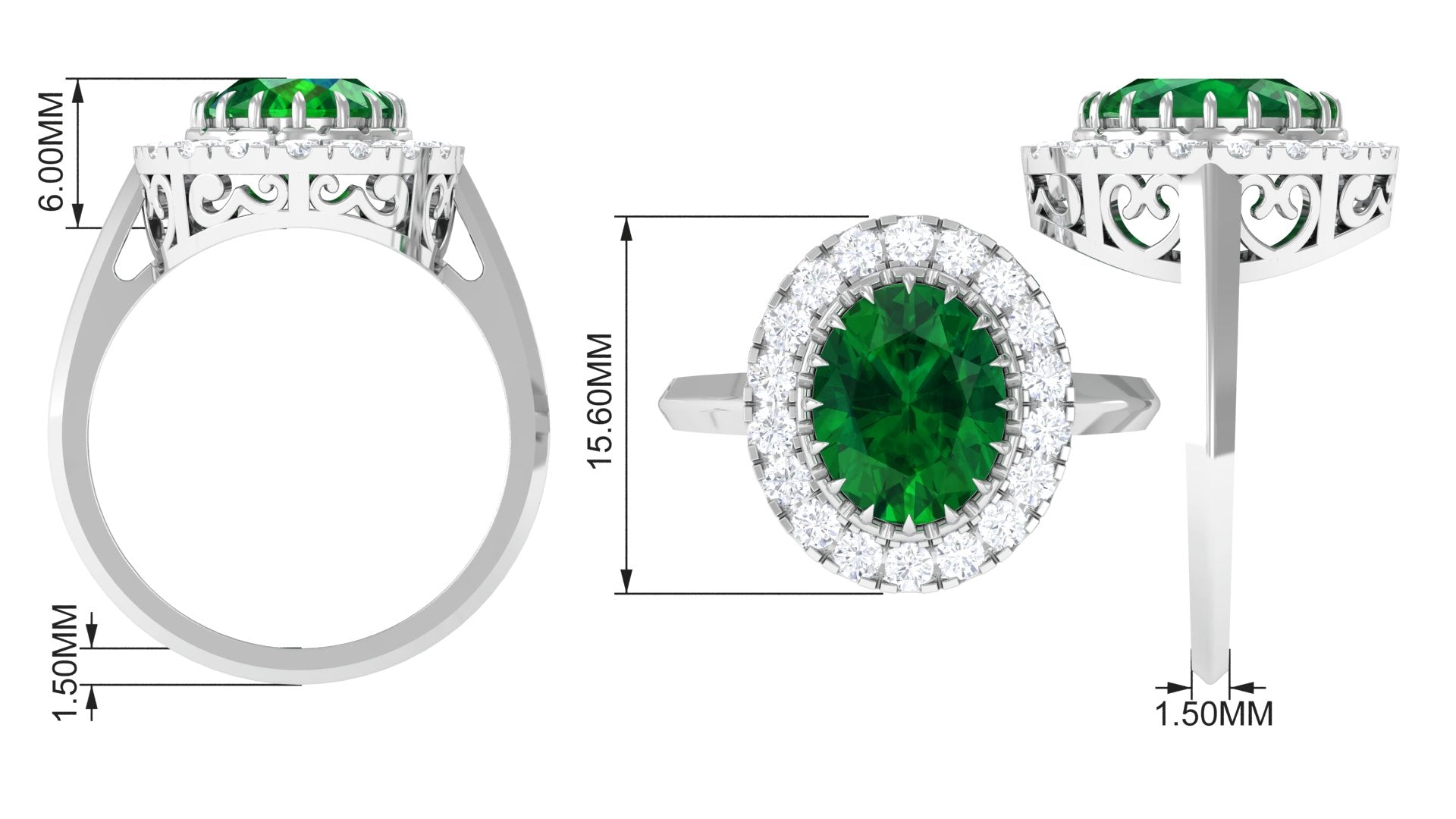 Vintage Style Lab Grown Emerald and Moissanite Halo Engagement Ring Lab Created Emerald - ( AAAA ) - Quality - Rosec Jewels