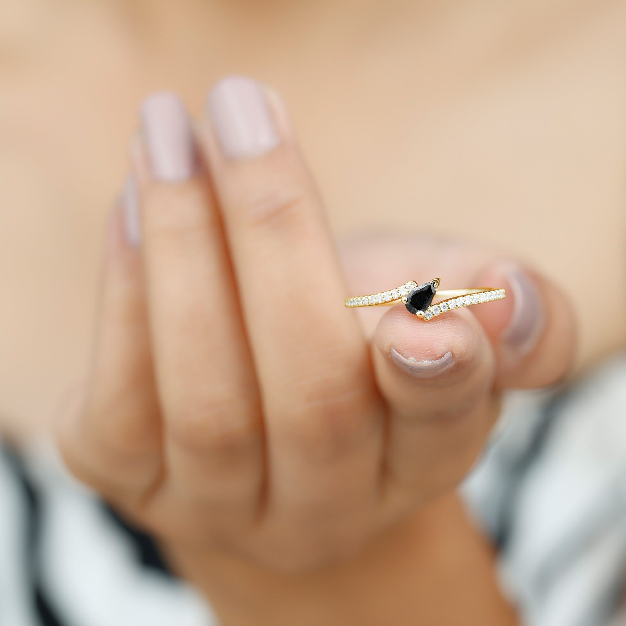 Lab Grown Black Diamond Titled Bypass Promise Ring with Diamond Lab Created Black Diamond - ( AAAA ) - Quality - Rosec Jewels