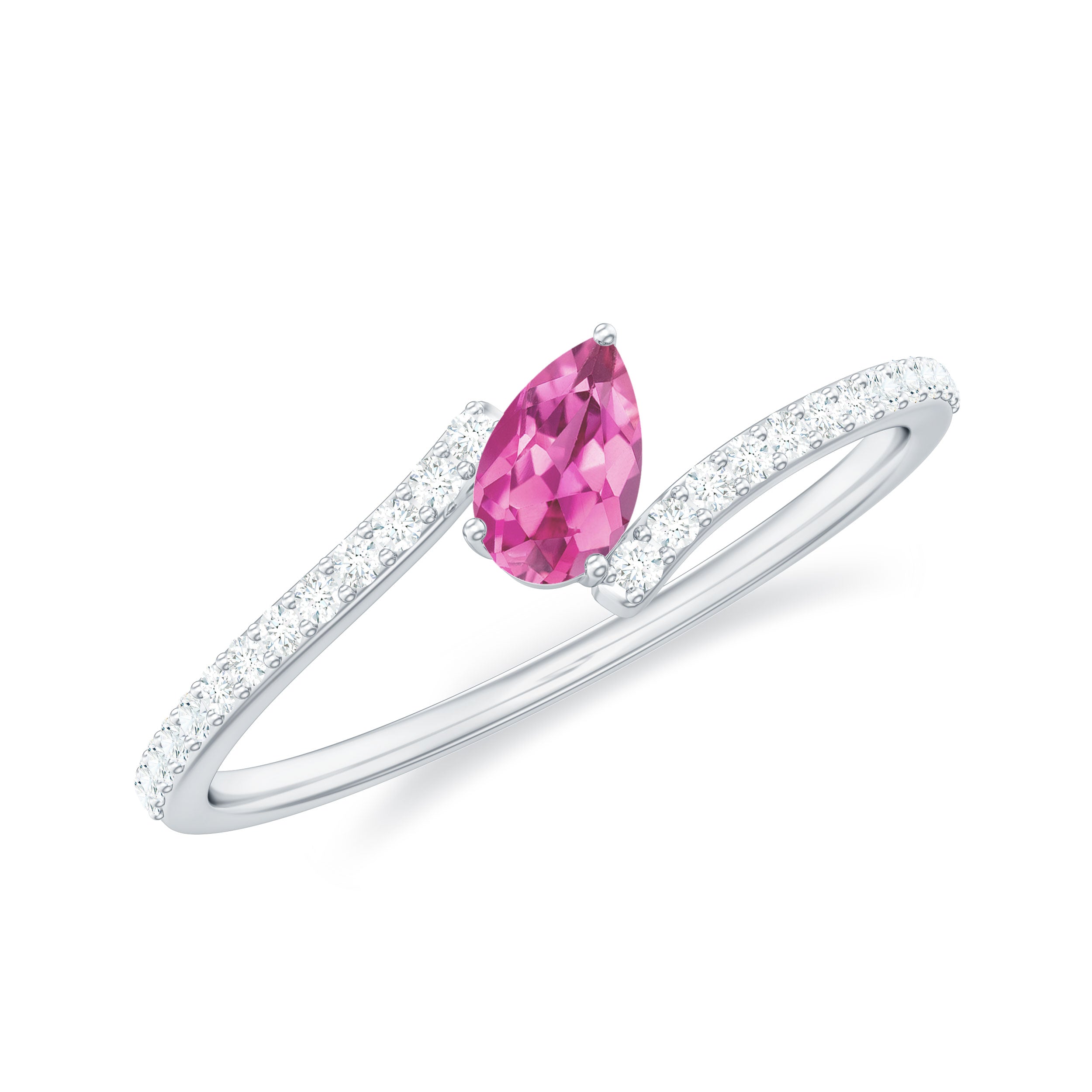 Tilted Pear Shape Pink Tourmaline and Diamond Bypass Promise Ring Pink Tourmaline - ( AAA ) - Quality - Rosec Jewels