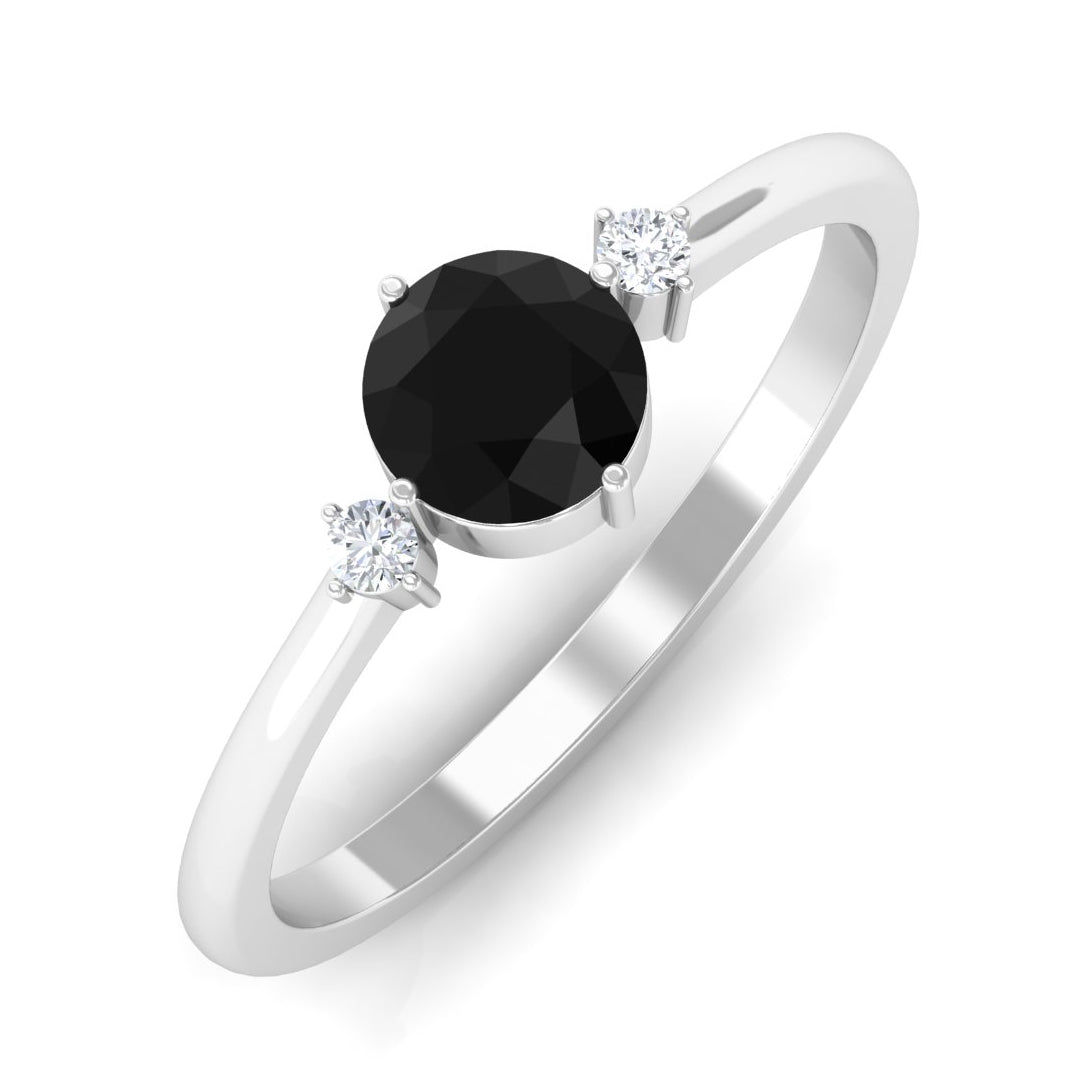 Minimal Round Black Onyx Promise Ring with Diamond Black Onyx - ( AAA ) - Quality - Rosec Jewels