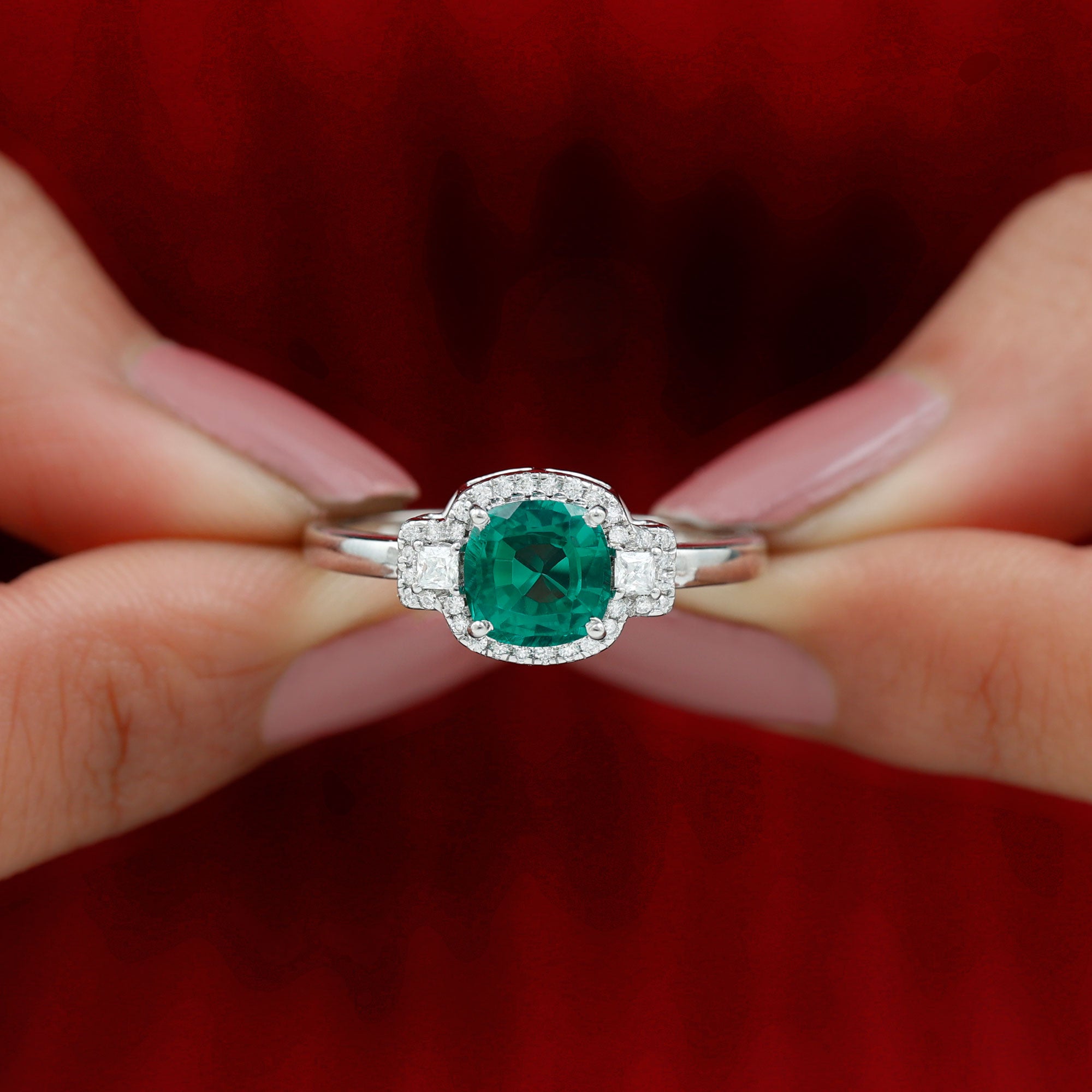 Cushion Cut Lab Grown Emerald Cocktail Engagement Ring with Diamond Lab Created Emerald - ( AAAA ) - Quality - Rosec Jewels