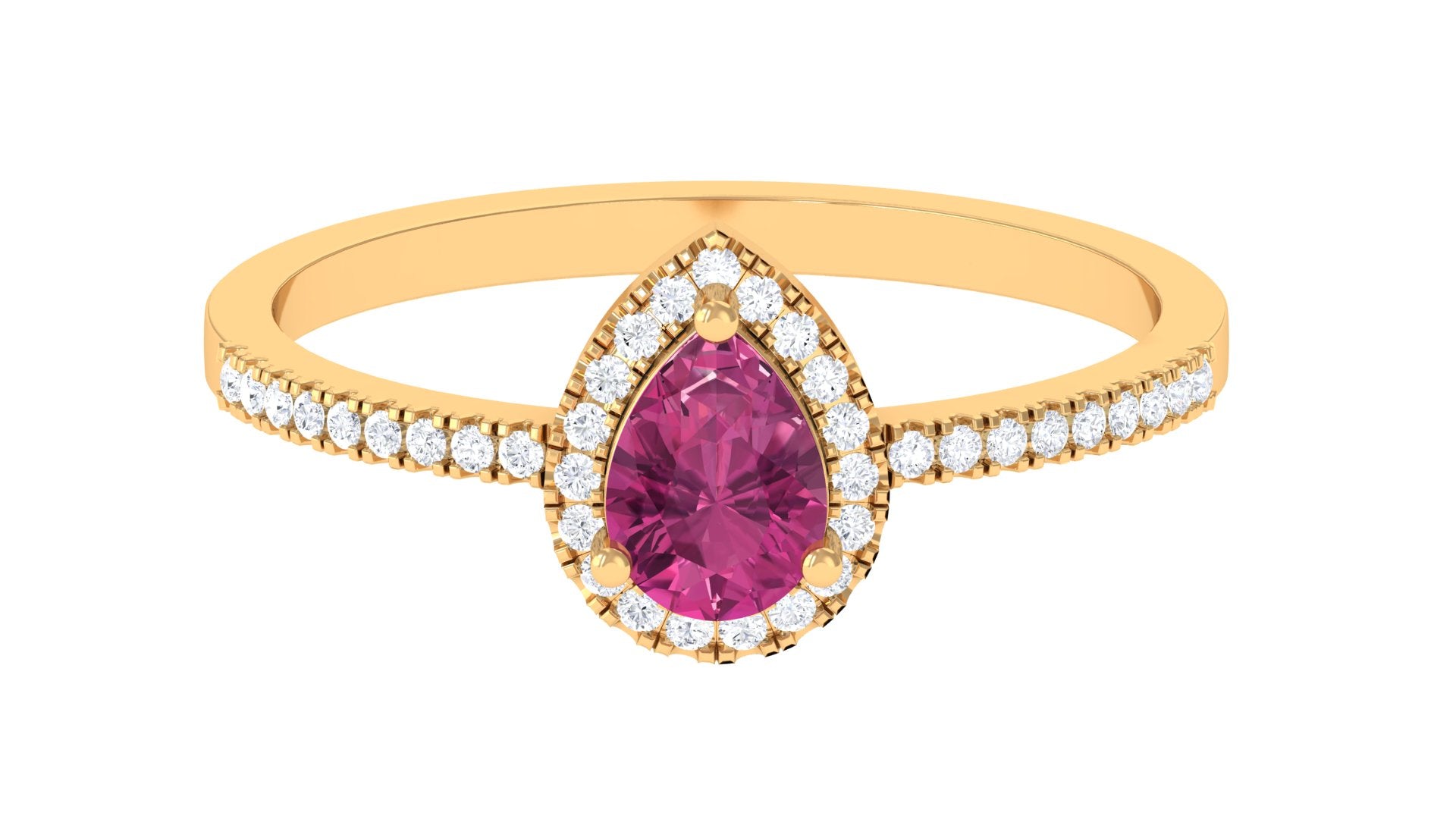 Natural Pink Tourmaline Teardrop Ring with Diamond Halo Pink Tourmaline - ( AAA ) - Quality - Rosec Jewels