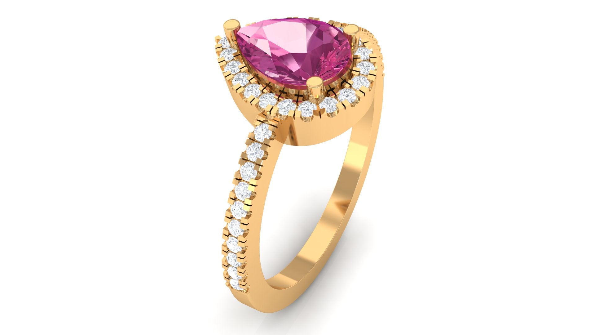 Natural Pink Tourmaline Teardrop Ring with Diamond Halo Pink Tourmaline - ( AAA ) - Quality - Rosec Jewels