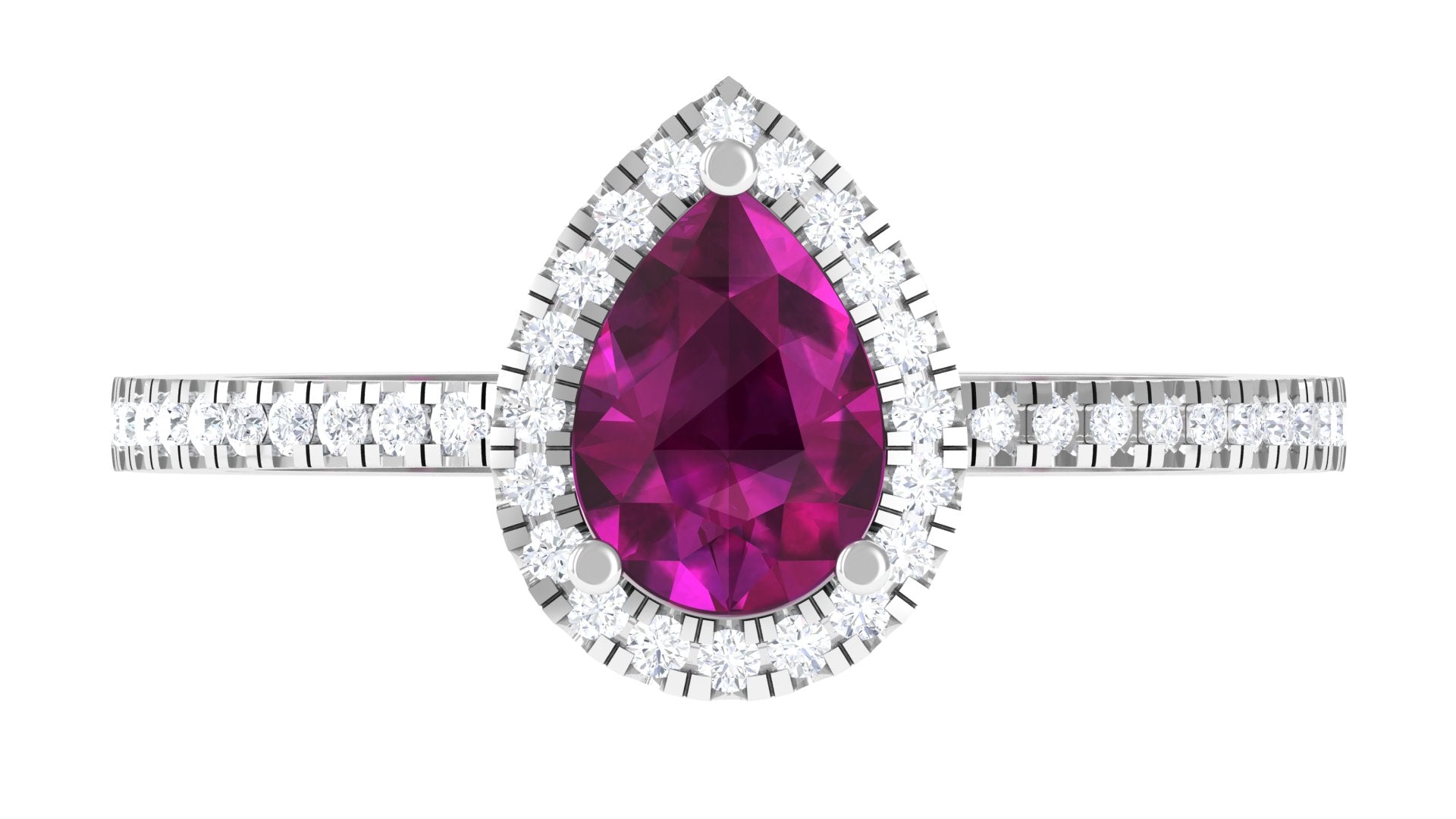 Natural Rhodolite Teardrop Halo Ring with Diamond Rhodolite - ( AAA ) - Quality - Rosec Jewels