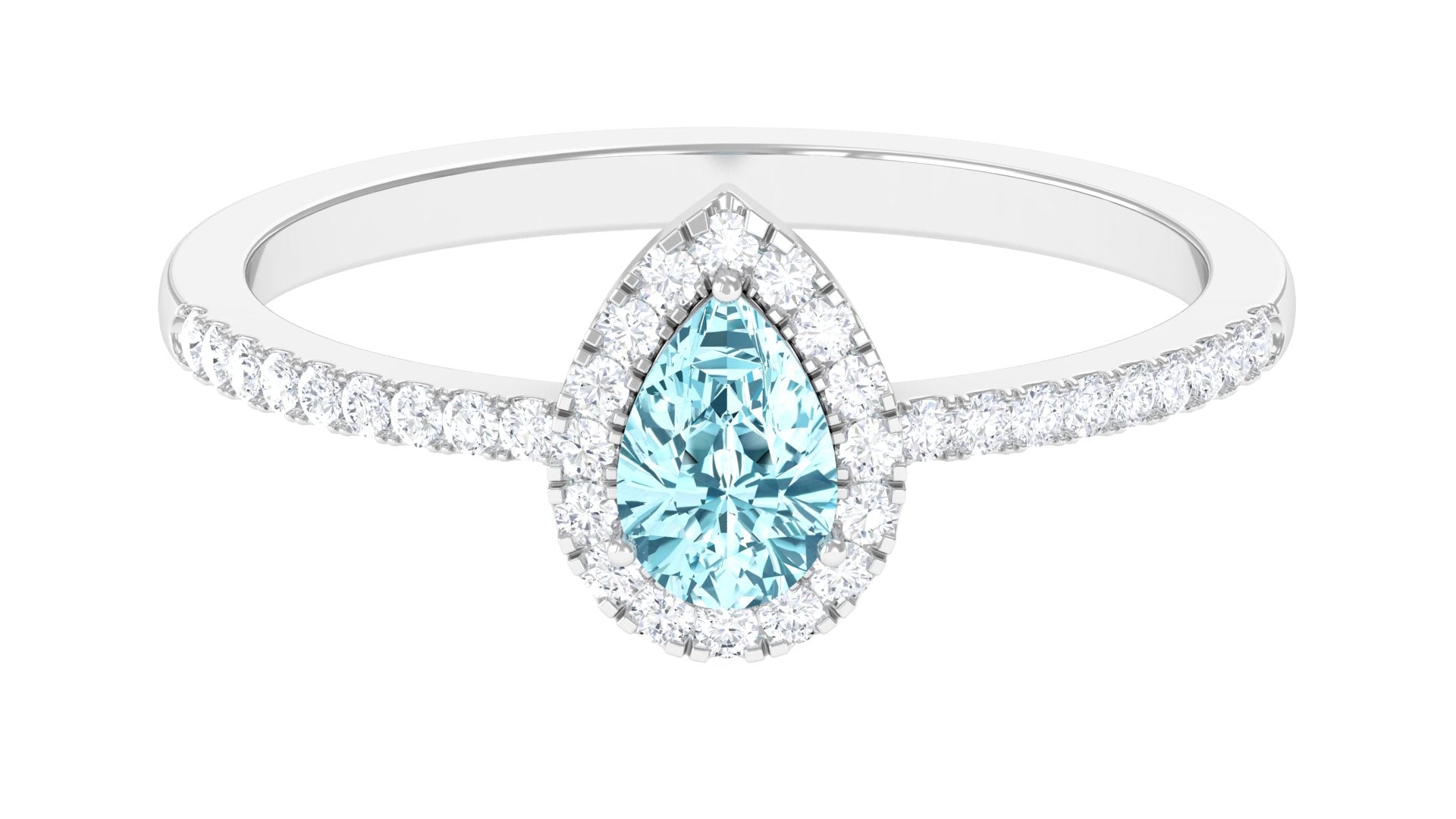 Natural Aquamarine Teardrop Halo Ring with Diamond Aquamarine - ( AAA ) - Quality - Rosec Jewels