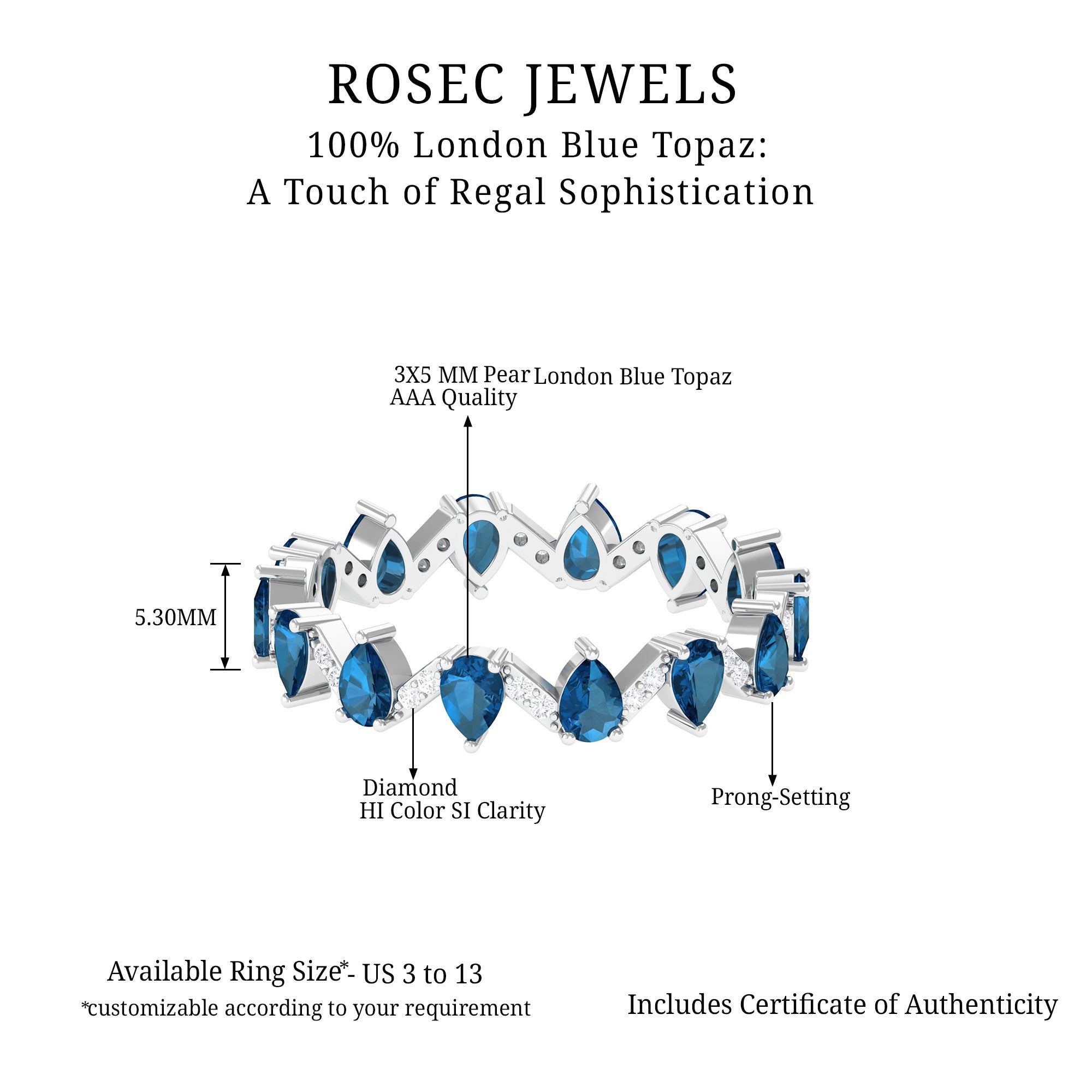 Pear Cut London Blue Topaz and Diamond Eternity Wedding Band London Blue Topaz - ( AAA ) - Quality - Rosec Jewels