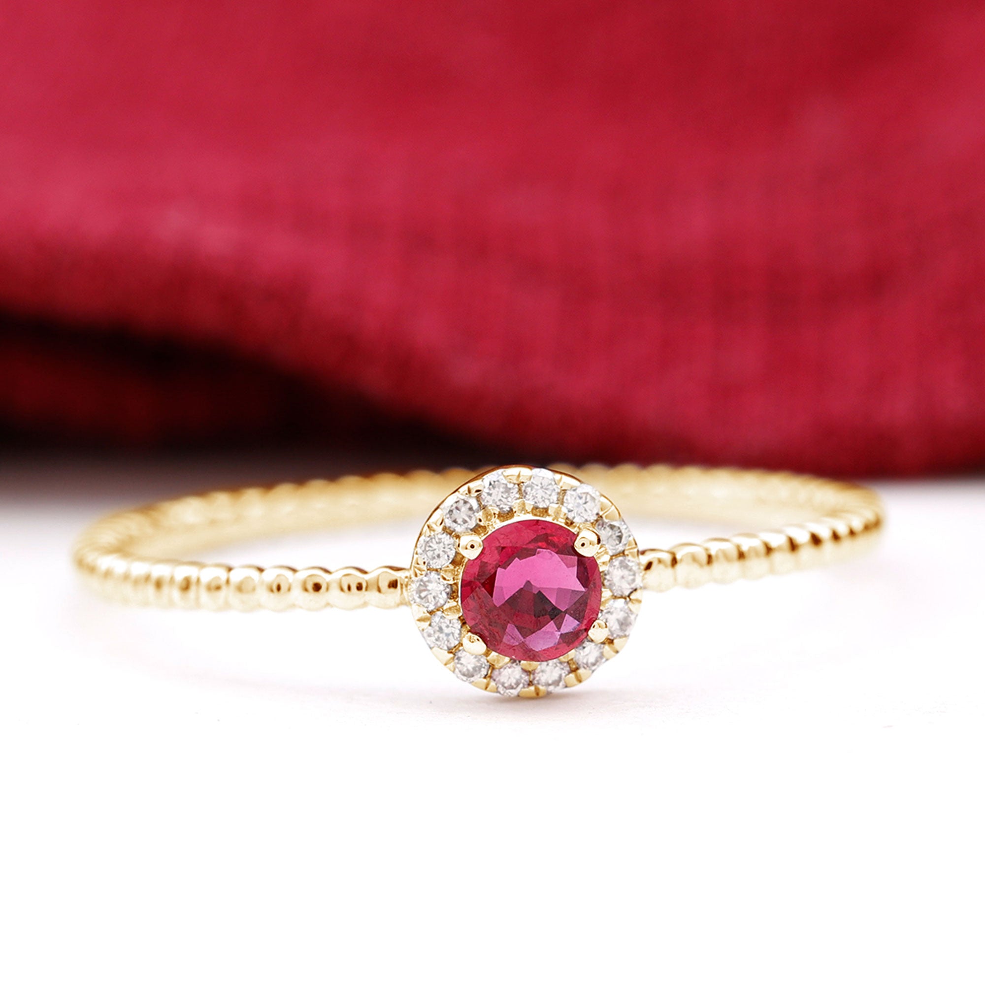 Minimal Ruby Promise Ring with Diamond Halo Ruby - ( AAA ) - Quality - Rosec Jewels