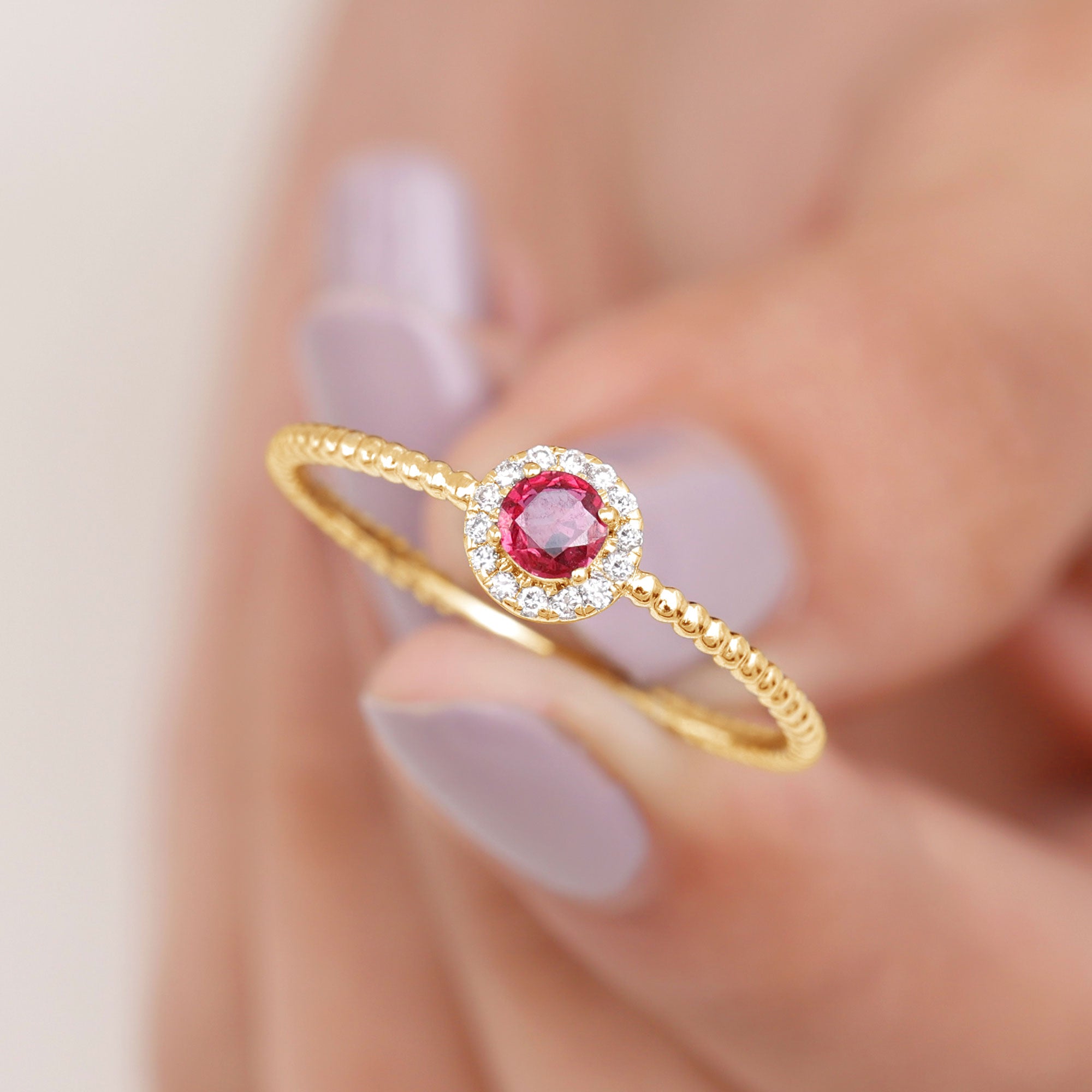 Minimal Ruby Promise Ring with Diamond Halo Ruby - ( AAA ) - Quality - Rosec Jewels