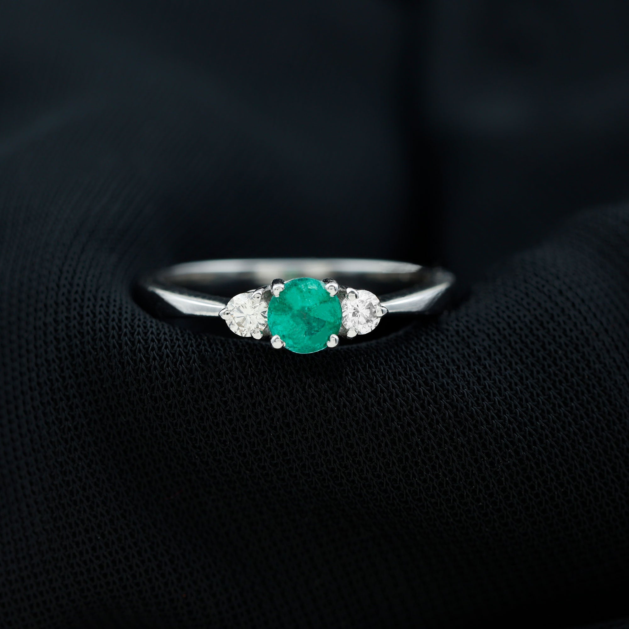 Round Shape Real Emerald and Diamond Three Stone Promise Ring Emerald - ( AAA ) - Quality - Rosec Jewels