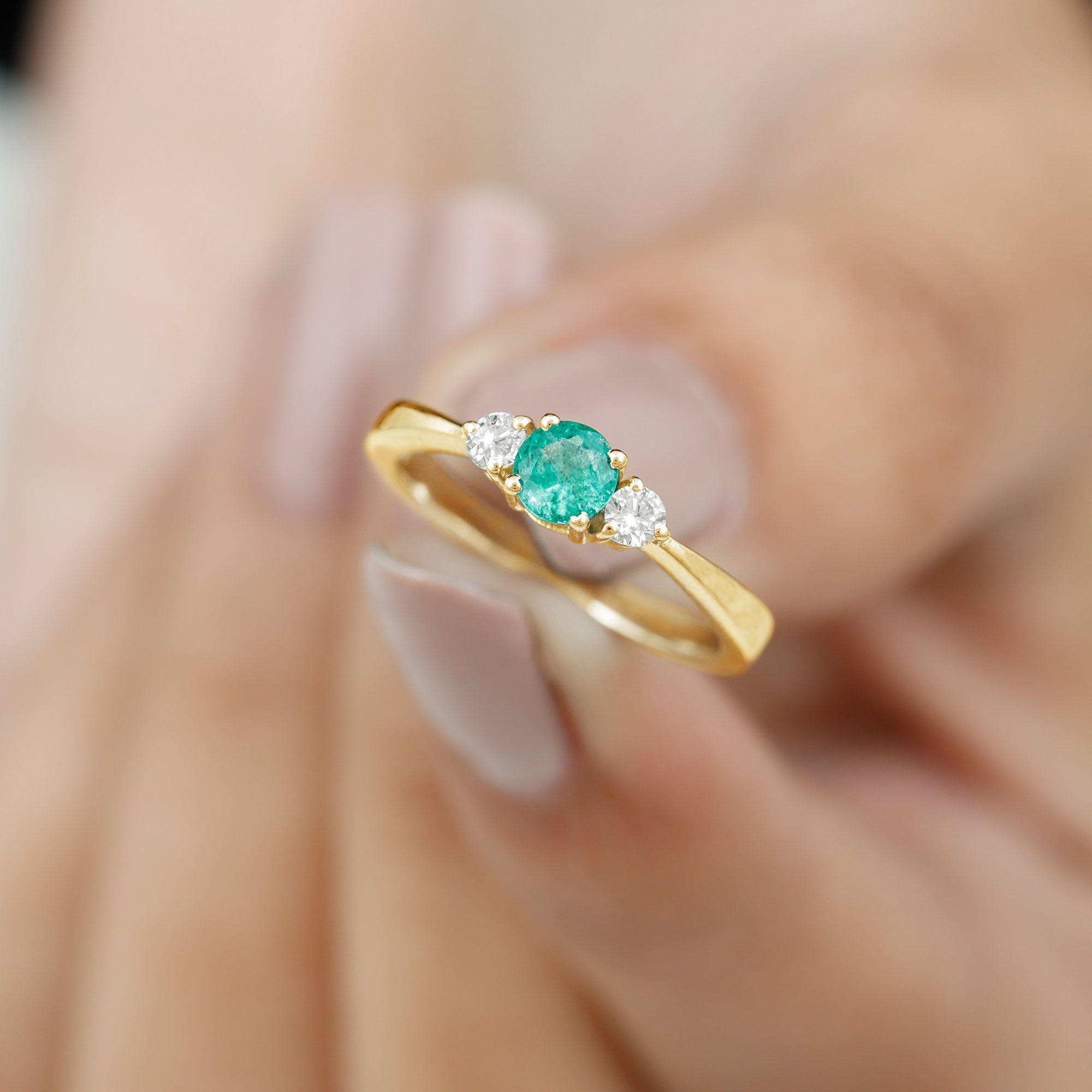 Round Shape Real Emerald and Diamond Three Stone Promise Ring Emerald - ( AAA ) - Quality - Rosec Jewels