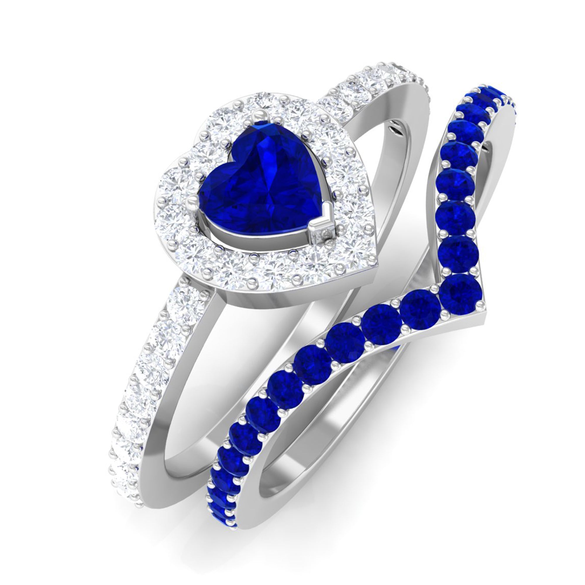 1 CT Created Blue Sapphire and Diamond Heart Wedding Ring Set Lab Created Blue Sapphire - ( AAAA ) - Quality - Rosec Jewels