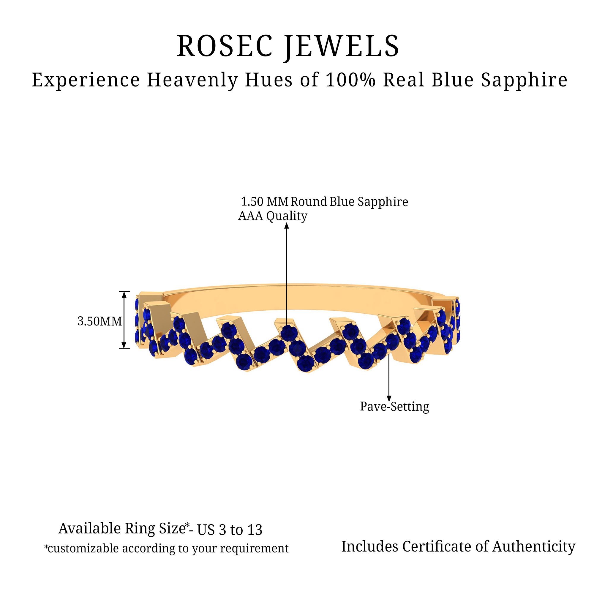 Real Blue Sapphire Zig Zag Semi Eternity Ring Blue Sapphire - ( AAA ) - Quality - Rosec Jewels