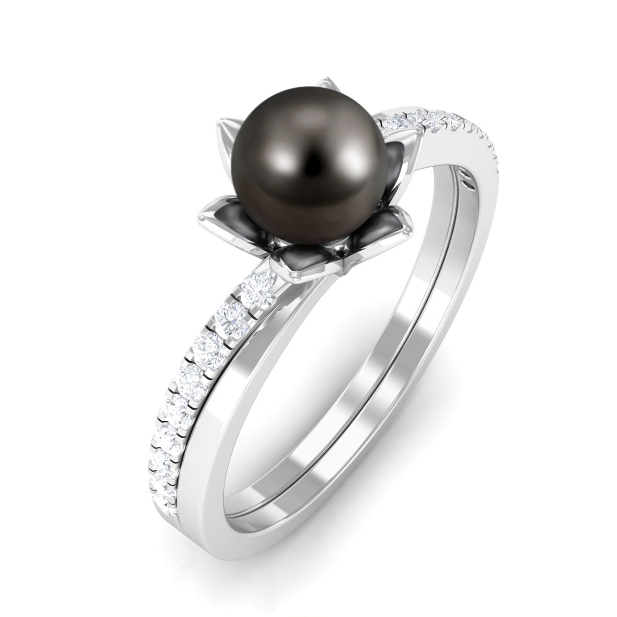 Tahitian Pearl and Diamond Flower Bypass Ring Tahitian pearl - ( AAA ) - Quality - Rosec Jewels