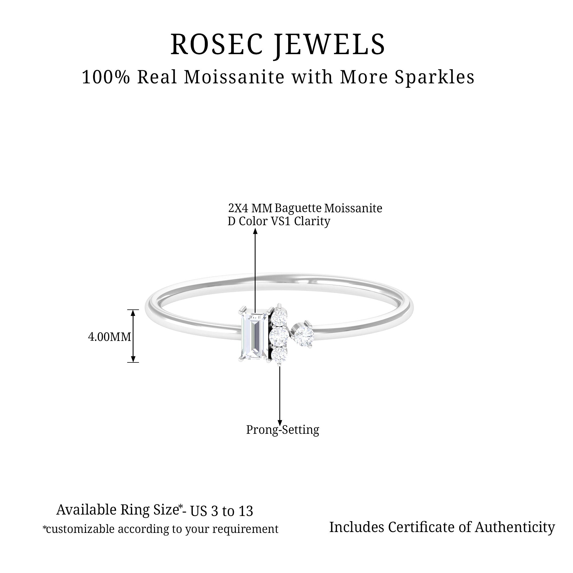 Dainty Promise Ring with Baguette and Round Moissanite Moissanite - ( D-VS1 ) - Color and Clarity - Rosec Jewels